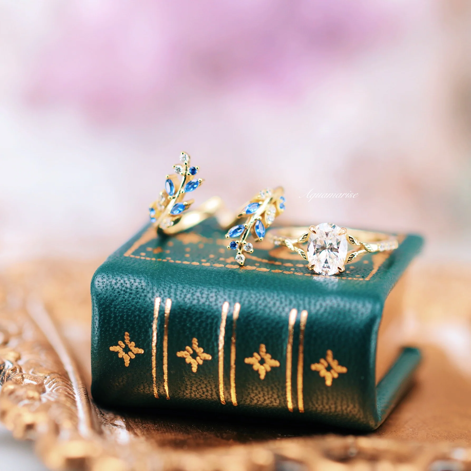 Blue Sapphire & Simulated Diamond Leaf Engagement Ring Set in 14K Yellow Gold Vermeil - Image 2