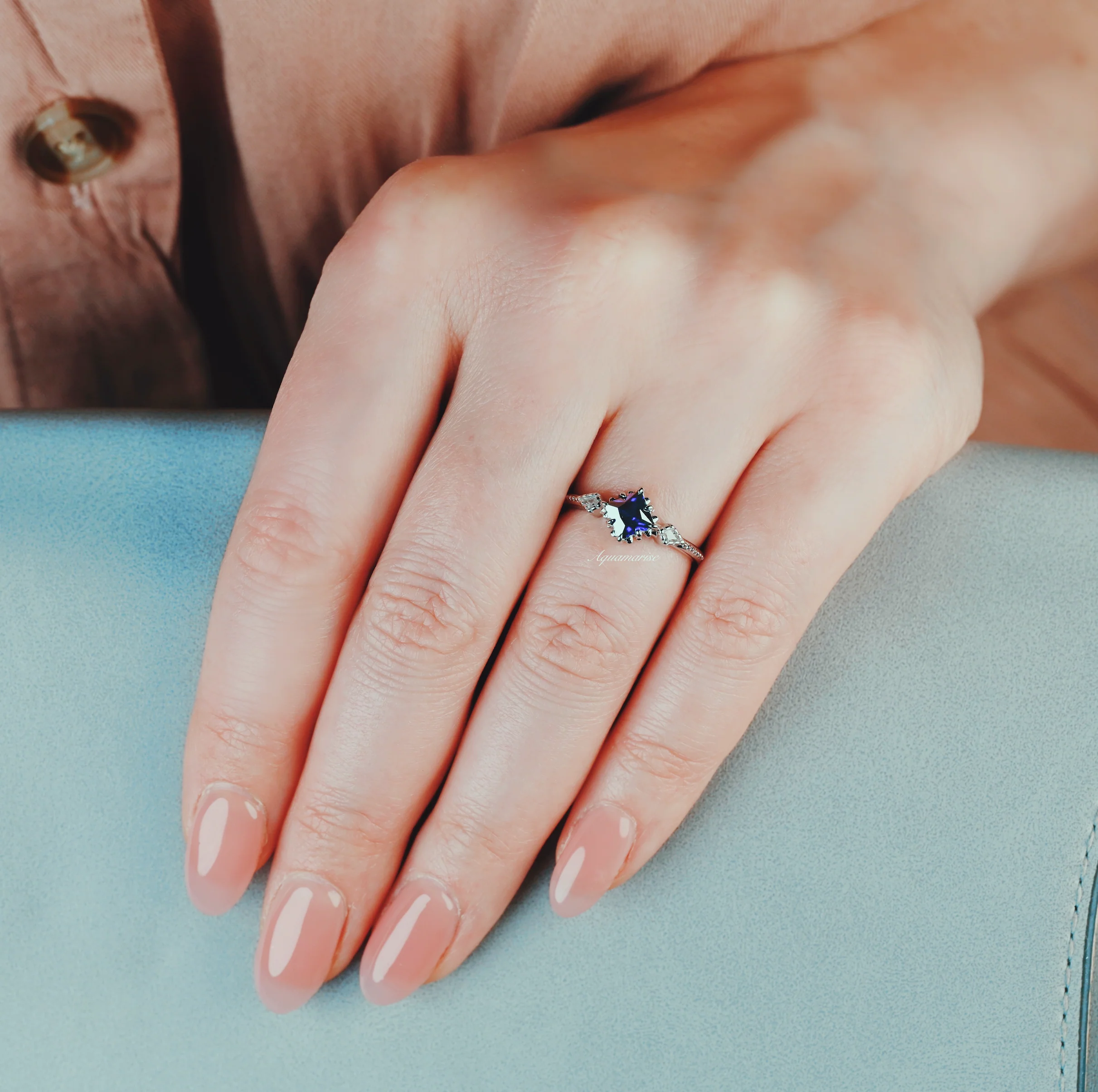 Princess Cut Blue Sapphire Ring in Sterling Silver - Image 3