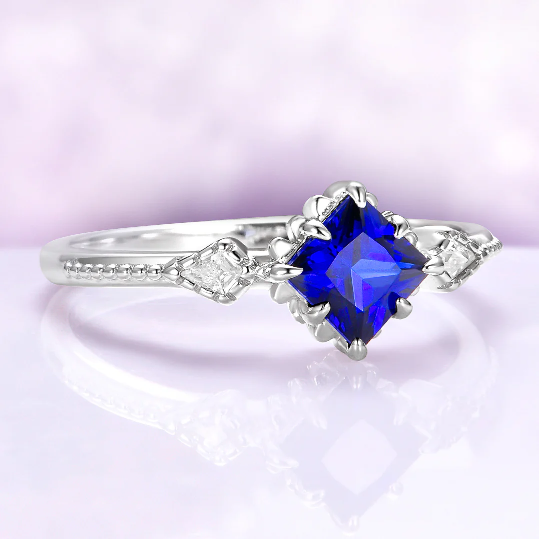 Princess Cut Blue Sapphire Ring in Sterling Silver - Image 4