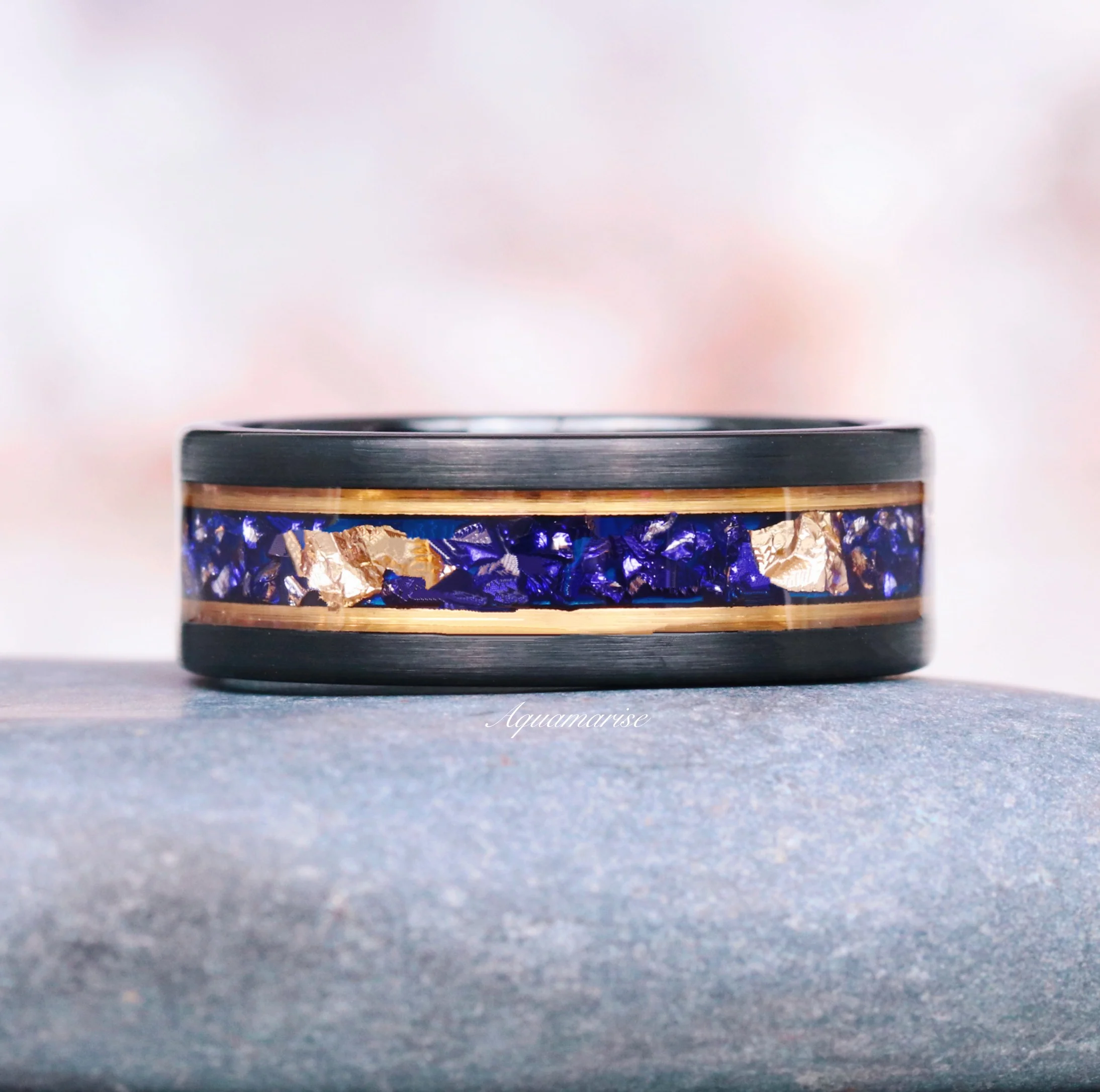 Blue Sapphire & Gold Leaf Wedding Band in Black Tungsten Carbide (8mm)