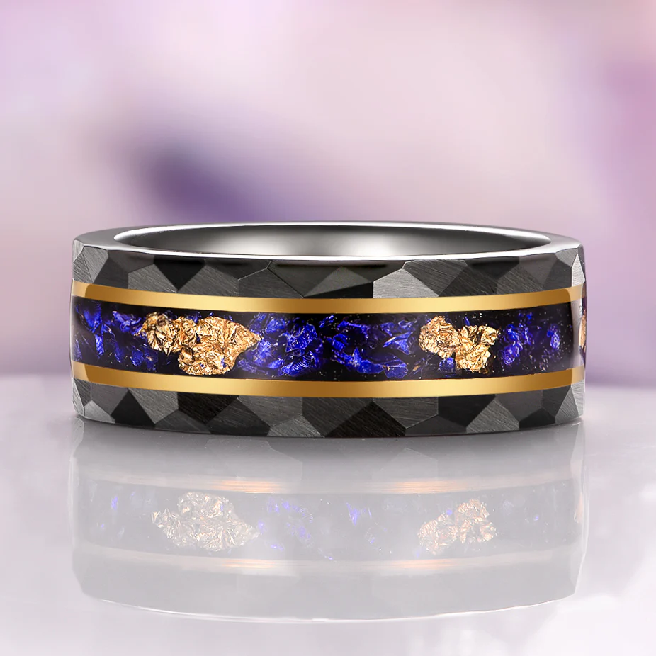 Blue Sapphire & Gold Leaf Hammered Wedding Band in Black Tungsten Carbide (8mm) - Image 4