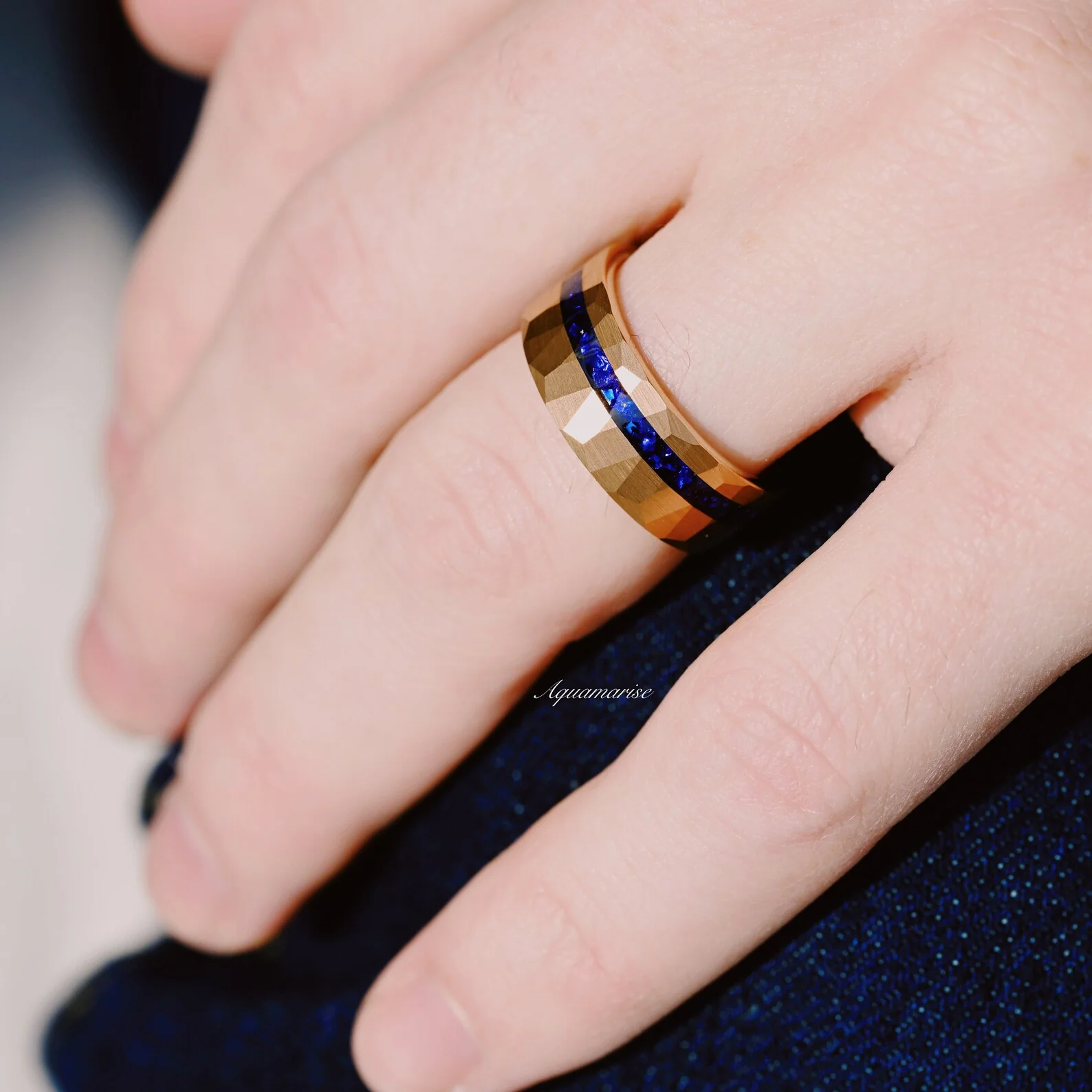 Midnight Blue Sapphire Wedding Band in Rose Gold Tungsten Carbide (8mm) - Image 3
