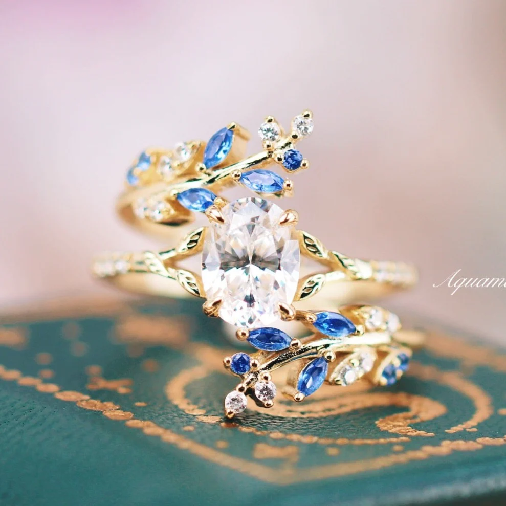 Lab-Grown Diamond & Sapphire Leaf Engagement Ring Set in 14K Solid Yellow Gold (IGI Certified)
