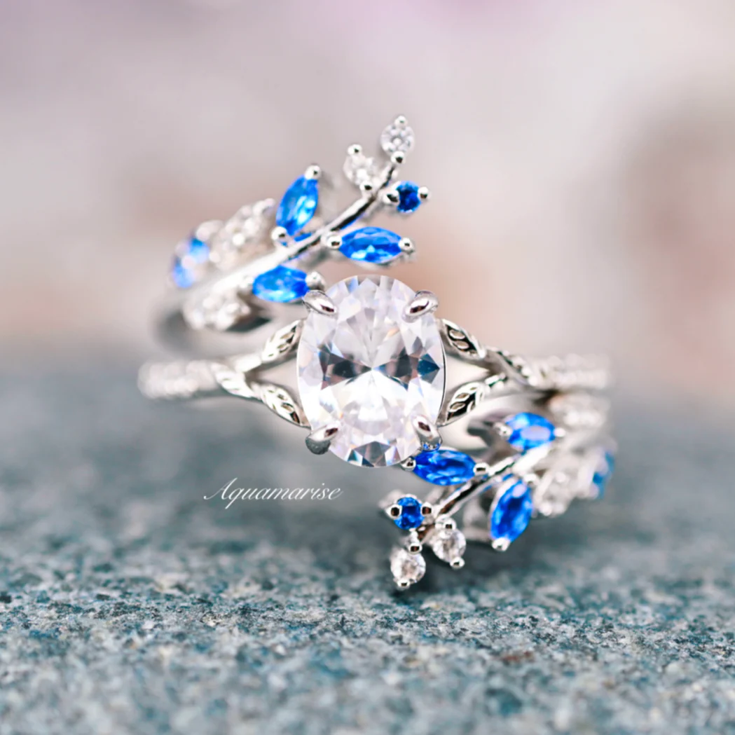 Lab-Grown Diamond & Blue Sapphire Leaf Engagement Ring Set in 14K White Gold (IGI Certified) - Image 13