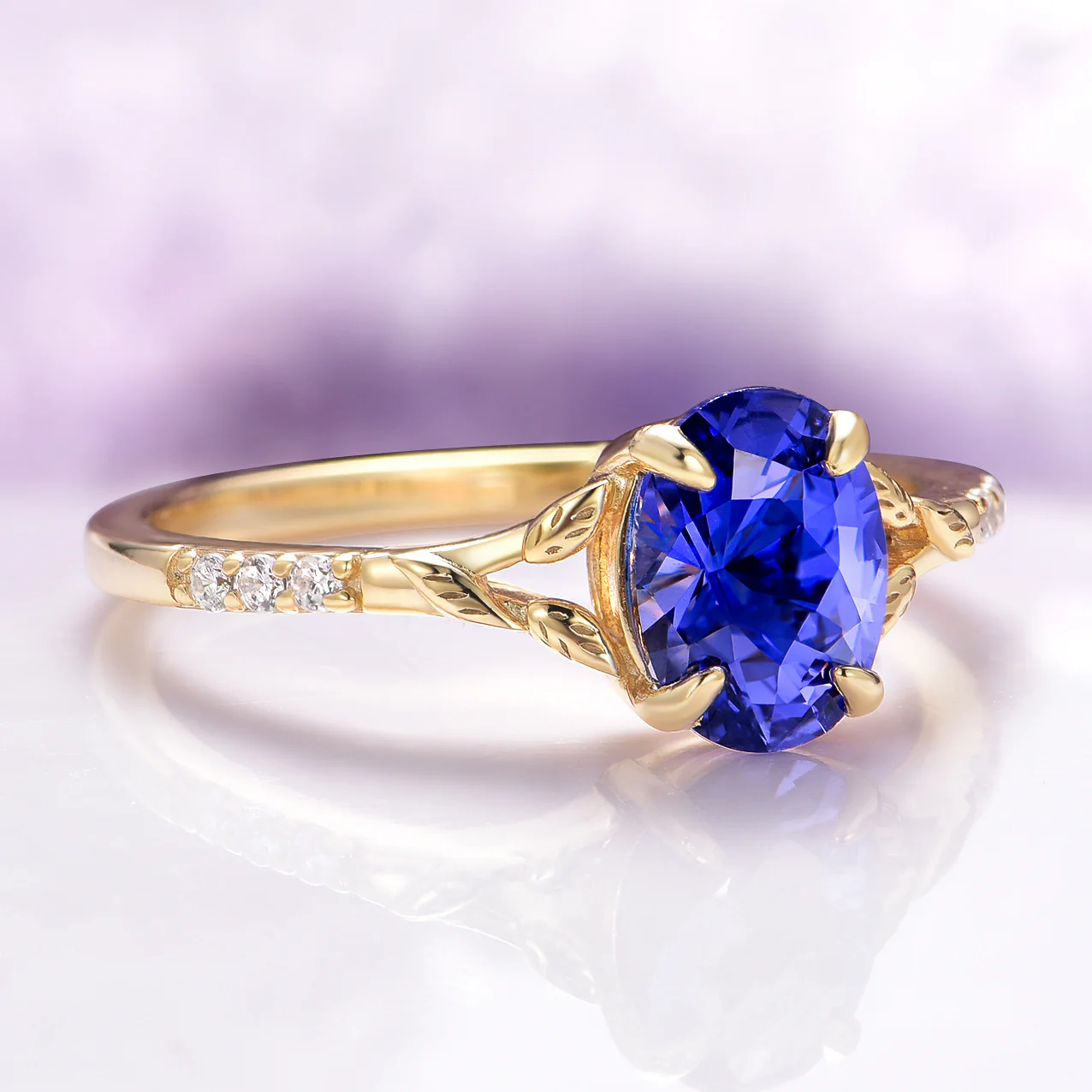 Blue Sapphire Leaf Motif Engagement Ring in 14K Solid Yellow Gold - Image 2