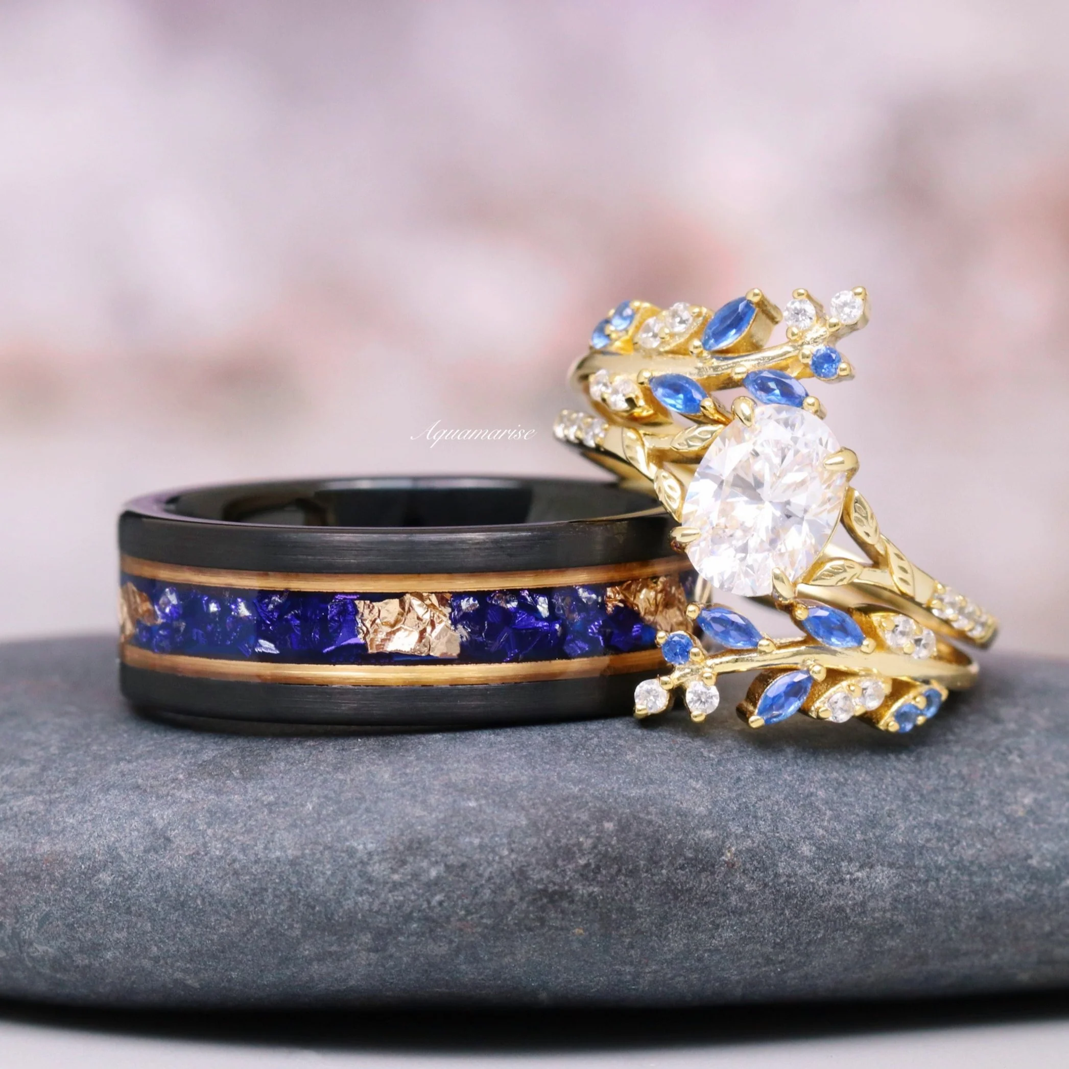 Blue Sapphire and Diamond Leaf Ring Guard in 14K Solid Yellow Gold - Image 2