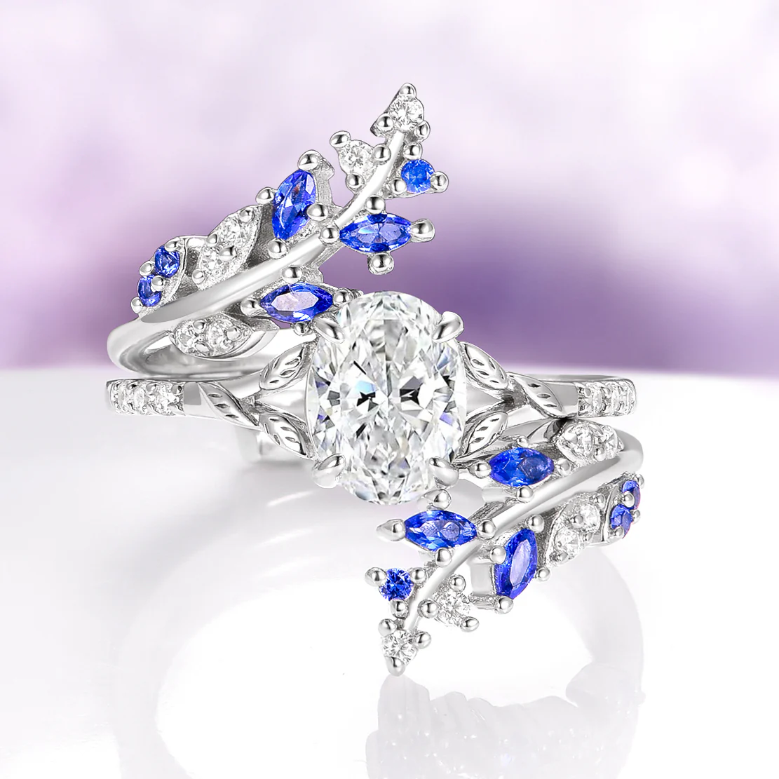 Blue Sapphire & Moissanite Leaf Ring Guard in 14K White Gold - Image 2