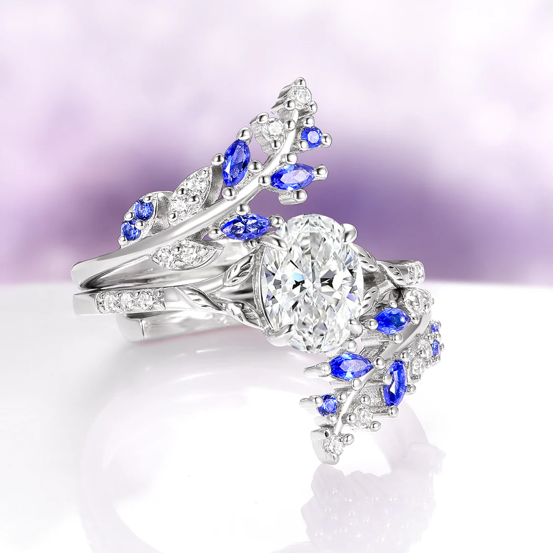 Blue Sapphire & Moissanite Leaf Ring Guard in 14K White Gold - Image 4