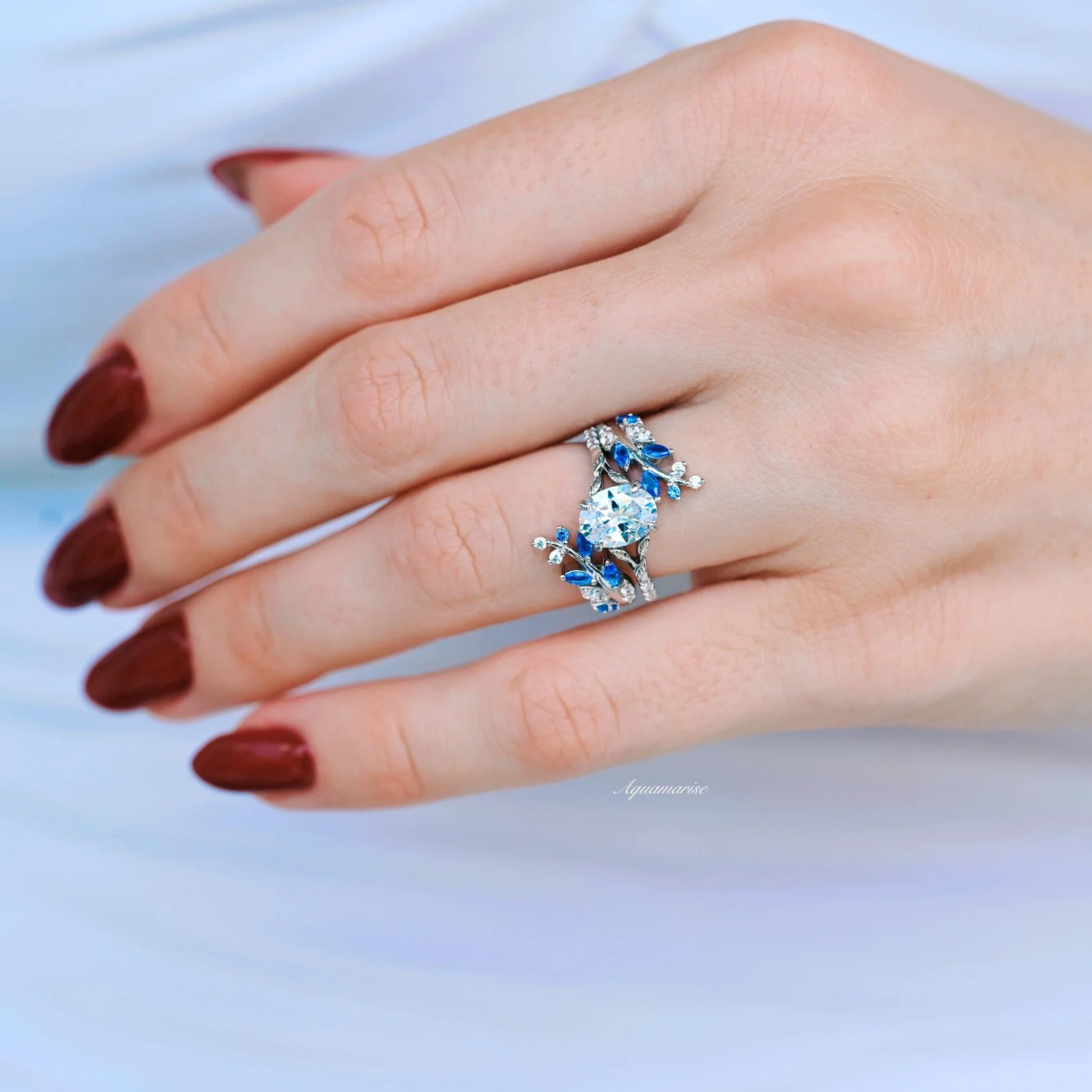 Blue Sapphire & Moissanite Leaf Ring Guard in 14K White Gold - Image 5