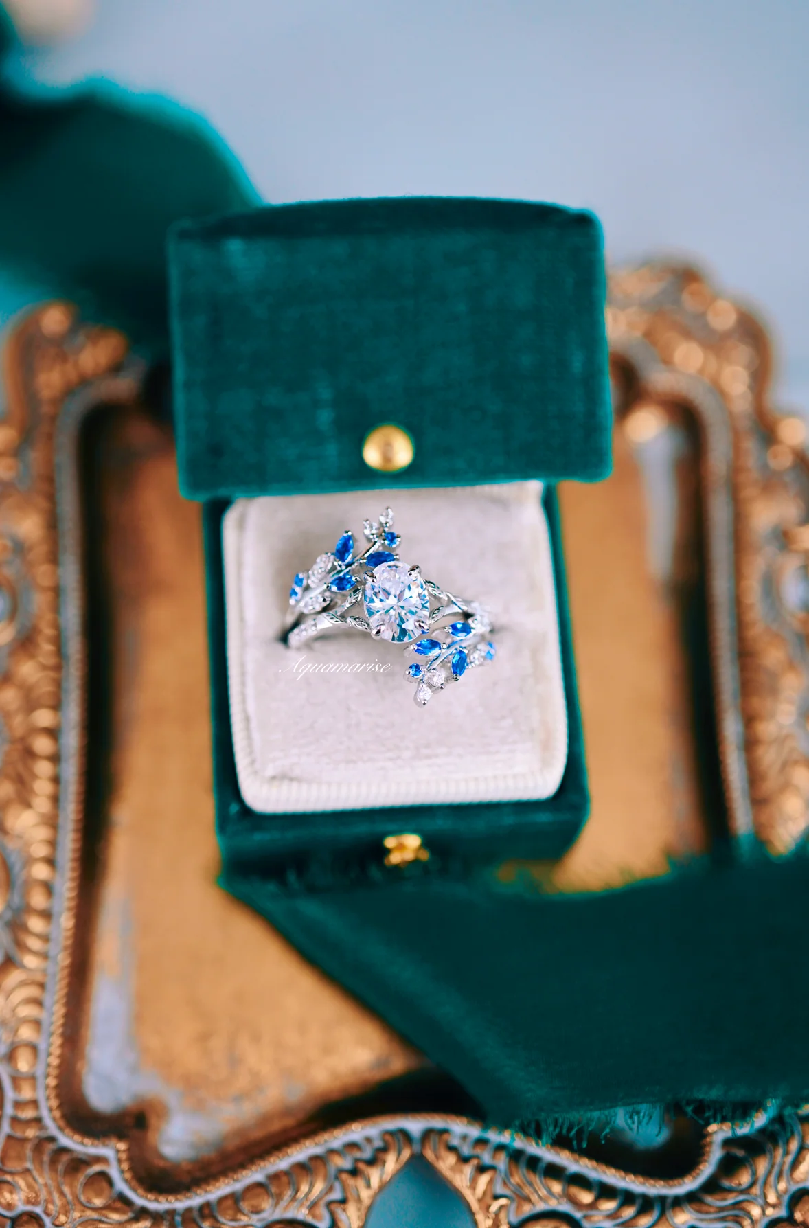 Blue Sapphire & Moissanite Leaf Ring Guard in 14K White Gold - Image 7