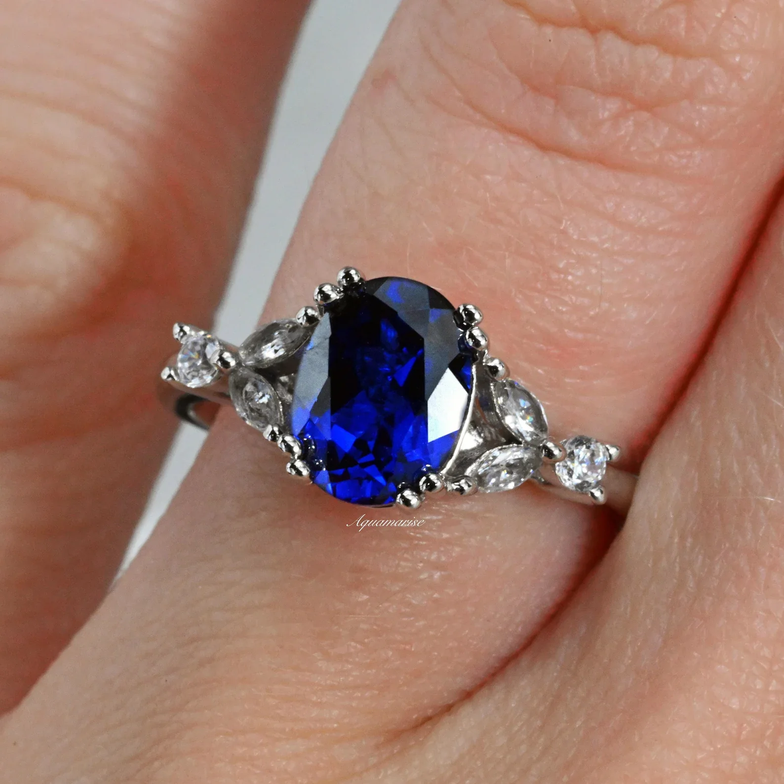 Oval Cut Blue Sapphire Engagement Ring in Sterling Silver - Image 3
