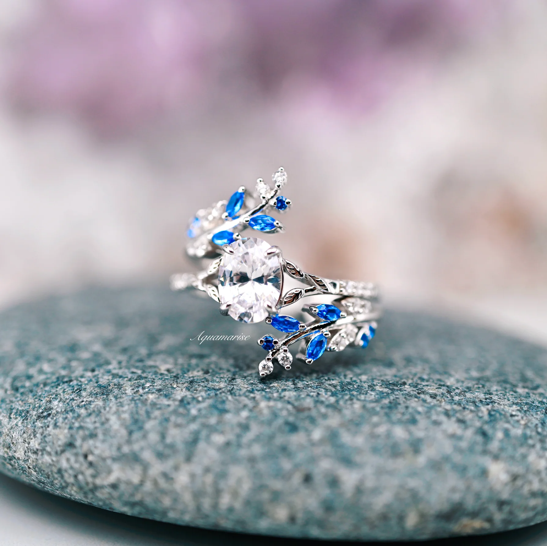 Blue Sapphire & Simulated Diamond Leaf Engagement Ring Set in Sterling Silver - Image 14