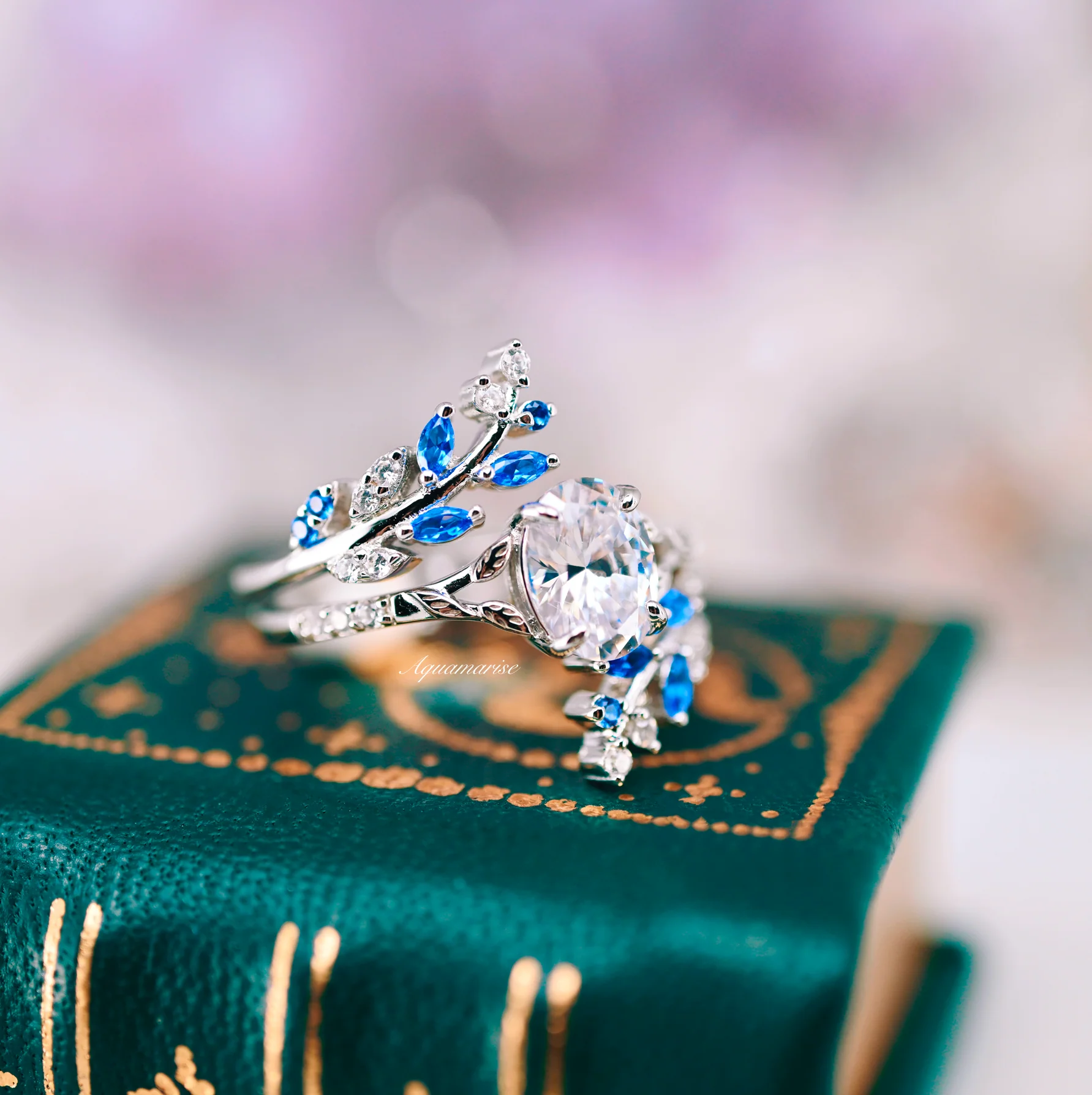 Blue Sapphire & Simulated Diamond Leaf Engagement Ring Set in Sterling Silver - Image 3