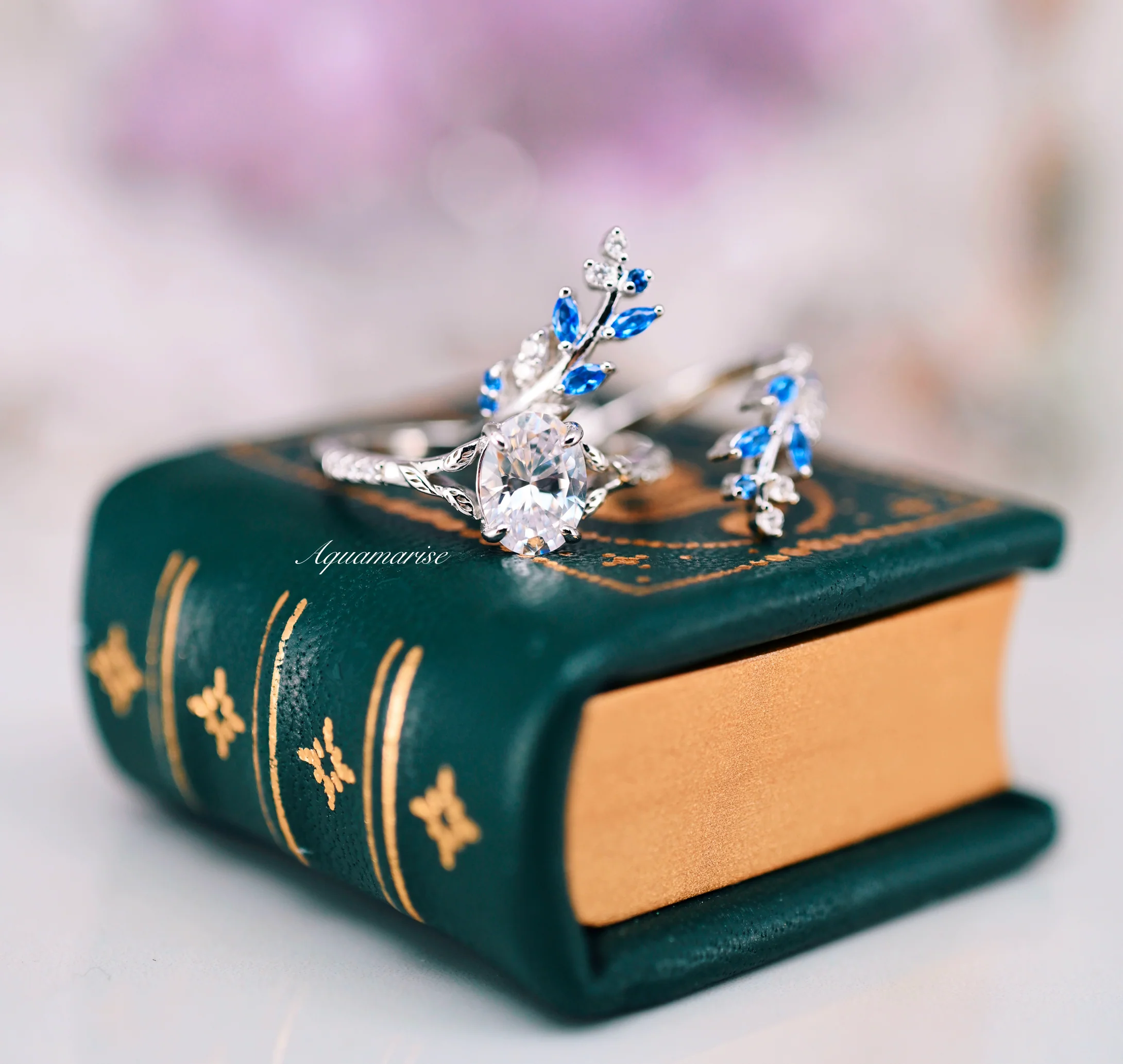 Blue Sapphire & Simulated Diamond Leaf Engagement Ring Set in Sterling Silver - Image 4