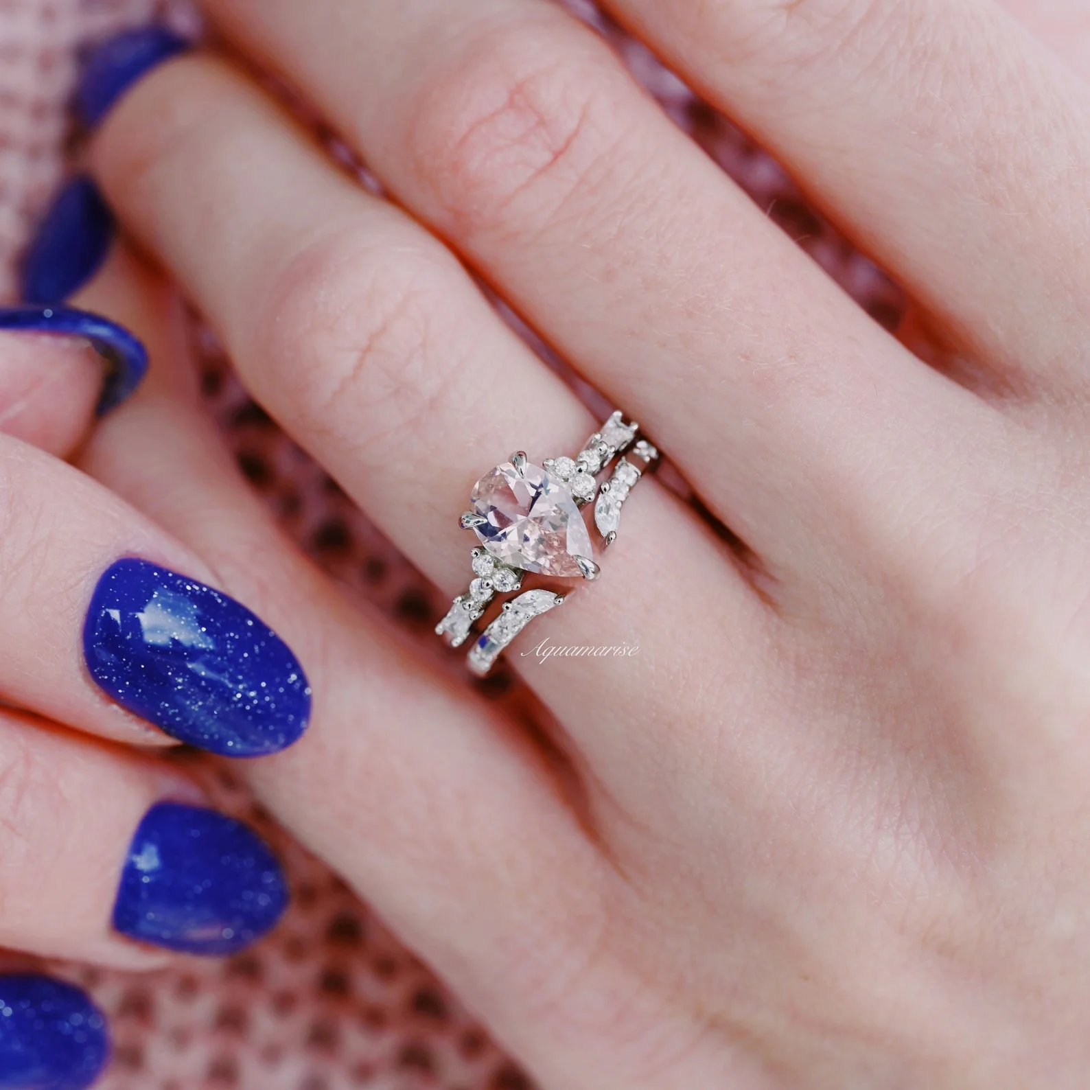 Blush Pink Teardrop Morganite Engagement Ring Set in 14K White Gold - Image 2