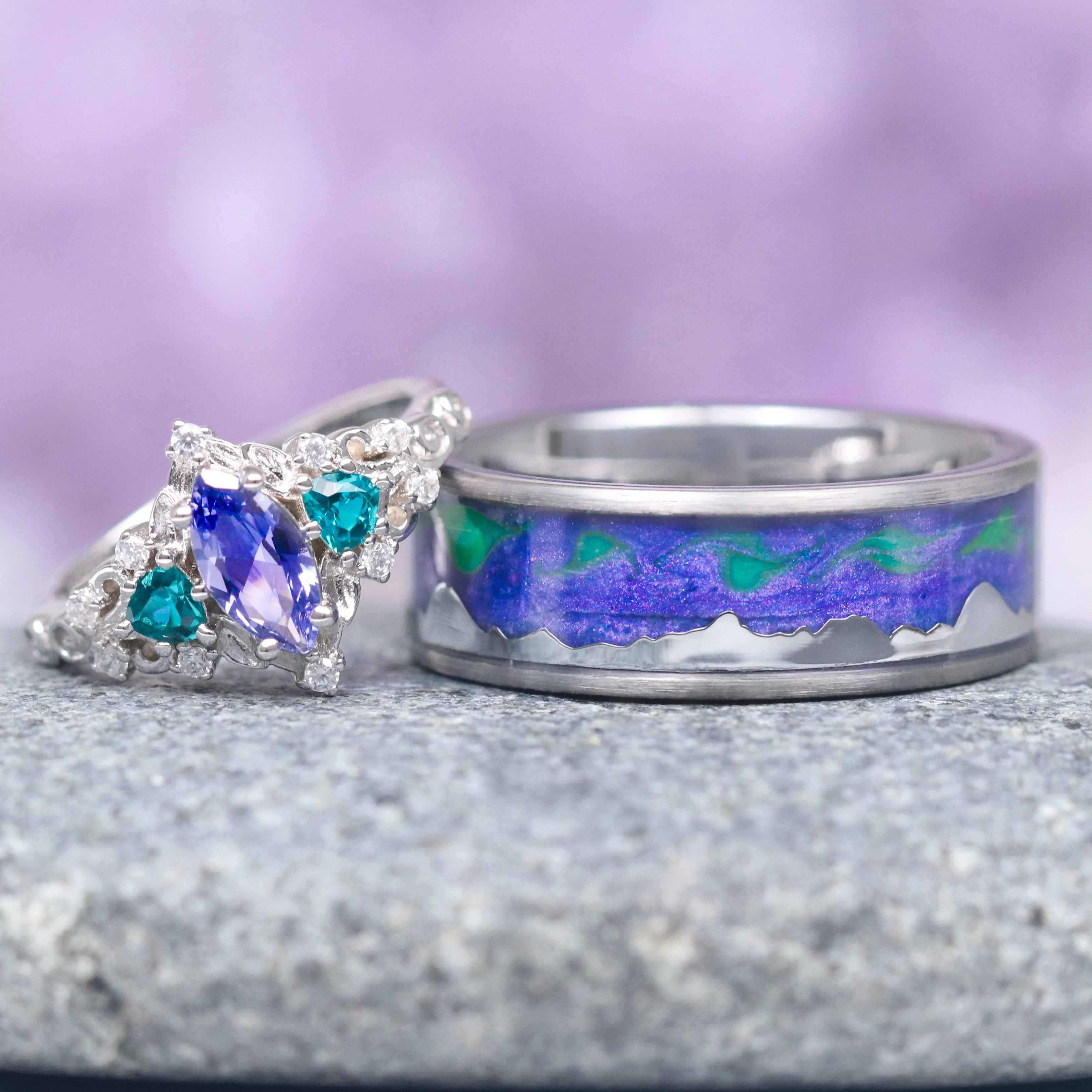 Borealis Tanzanite & Teal Sapphire Couples Ring Set (Mountain Range)