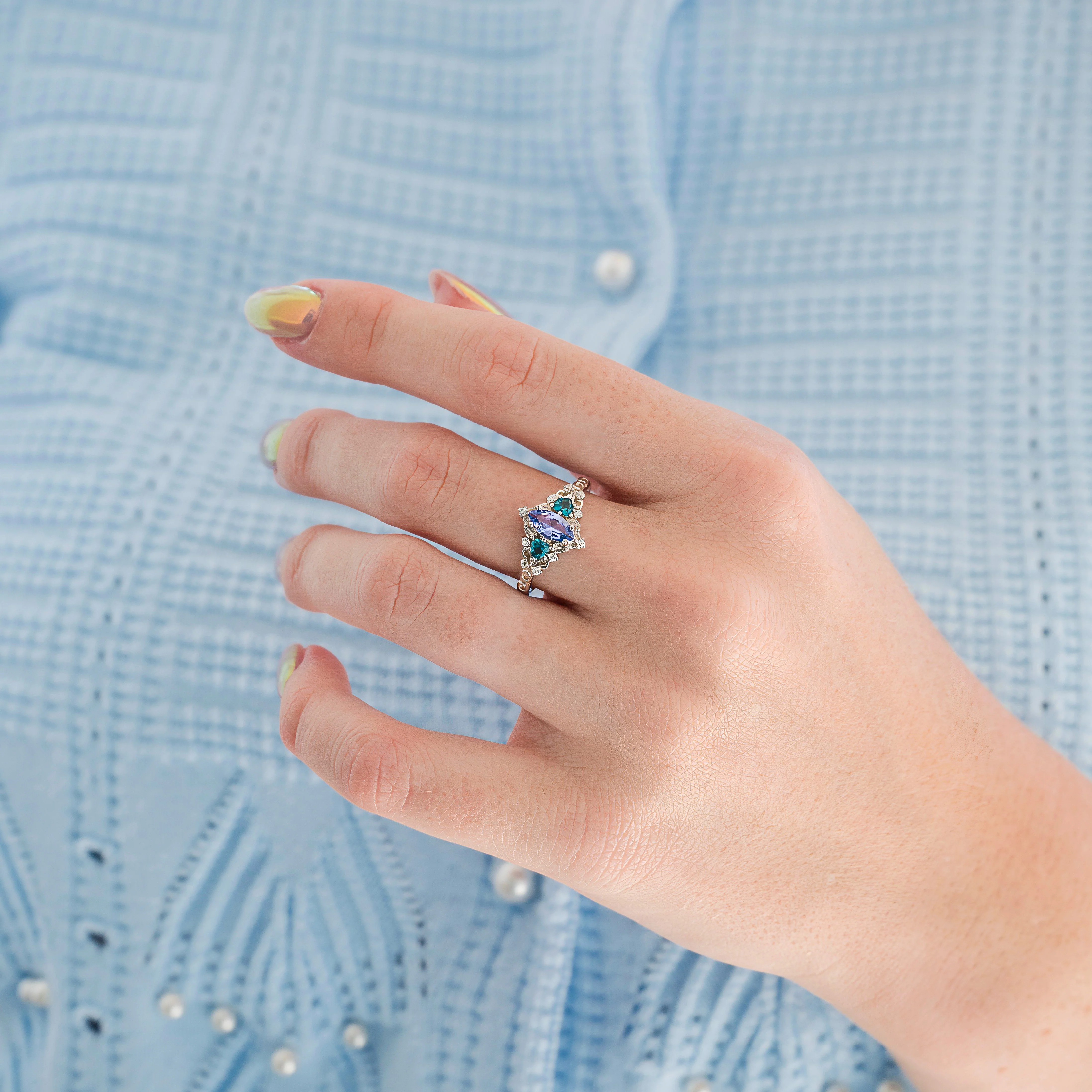 Borealis Tanzanite & Teal Sapphire Couples Ring Set (Mountain Range) - Image 5