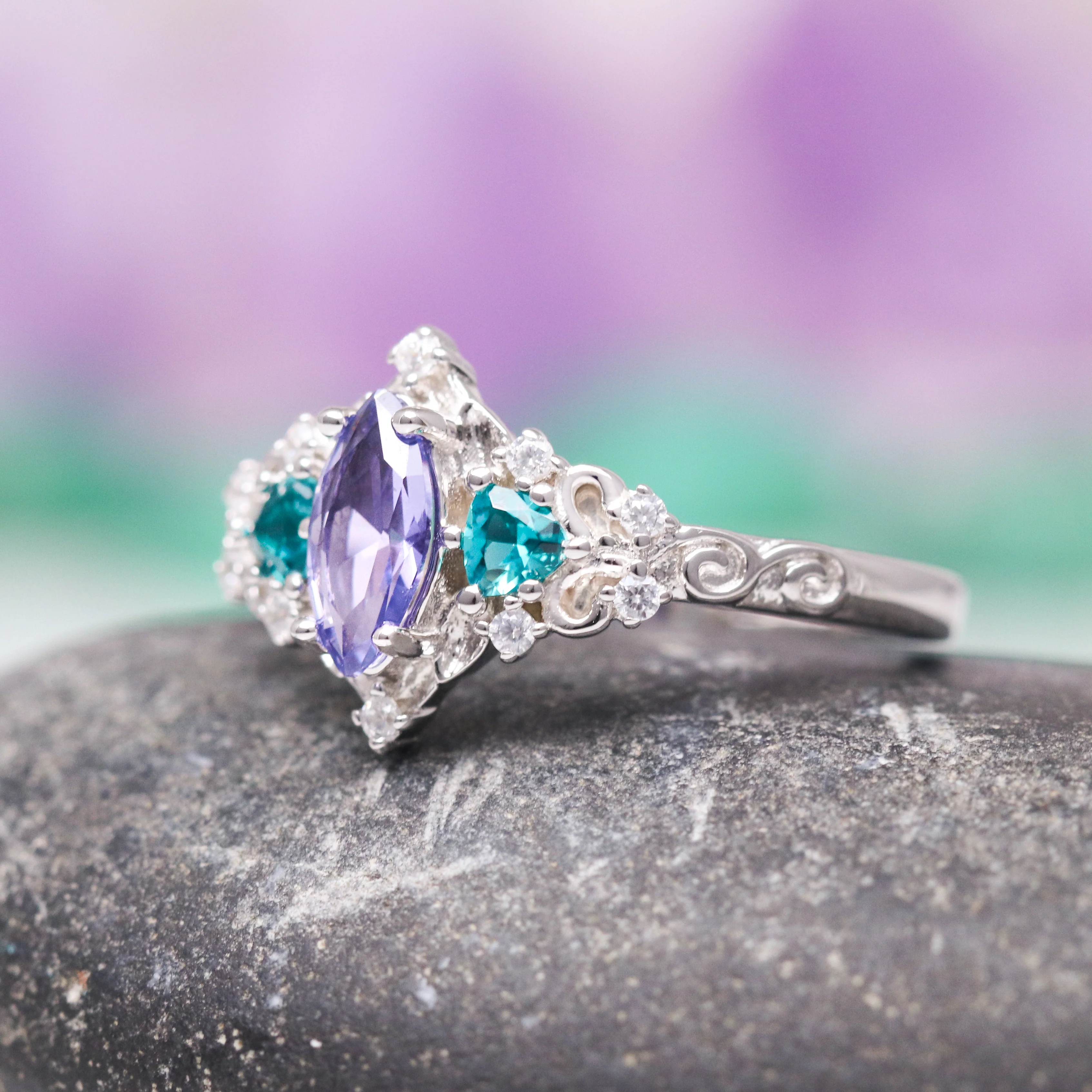 Borealis Tanzanite & Teal Sapphire Couples Ring Set (Mountain Range) - Image 6