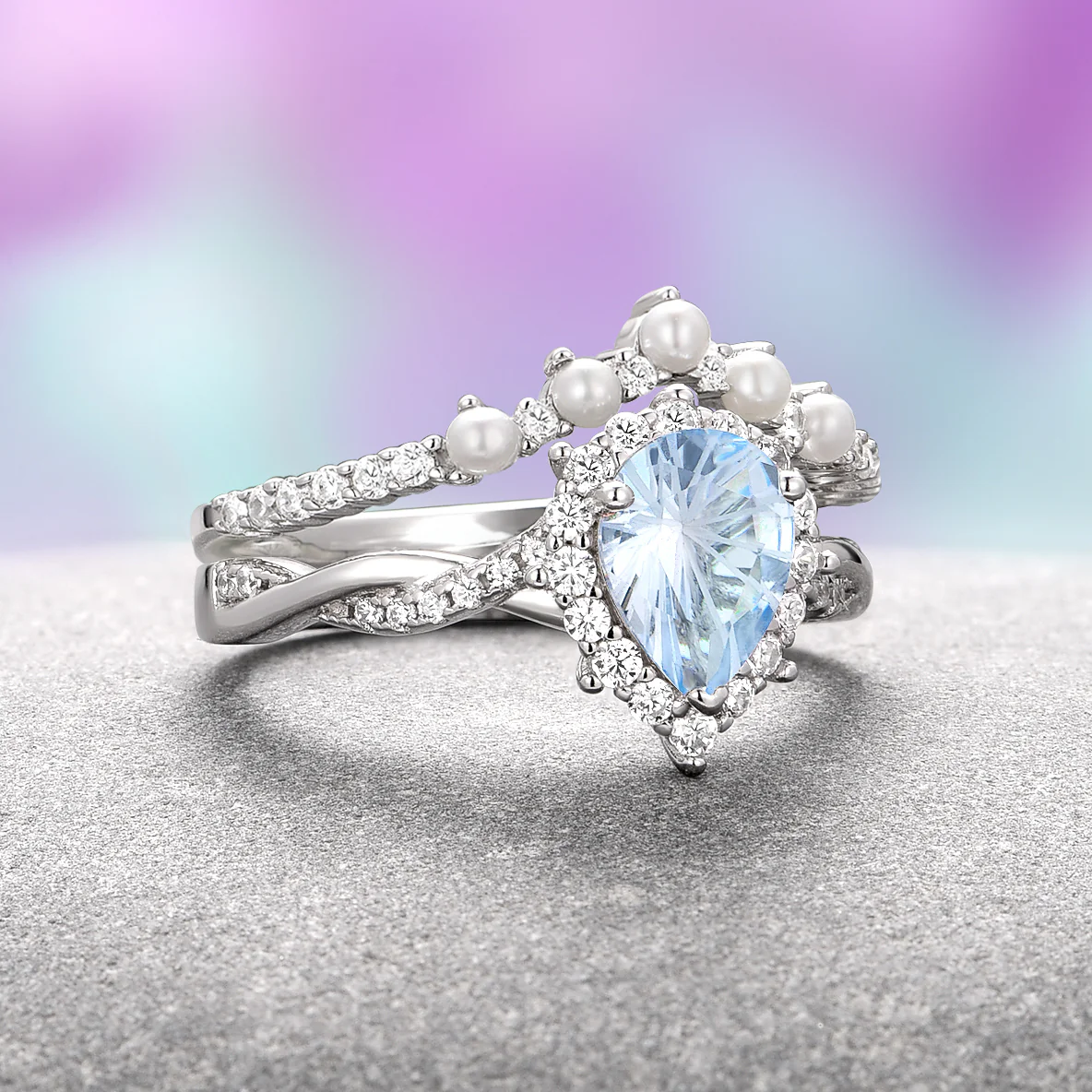 Briar Aquamarine & Pearl Ring Set in Sterling Silver - Image 3