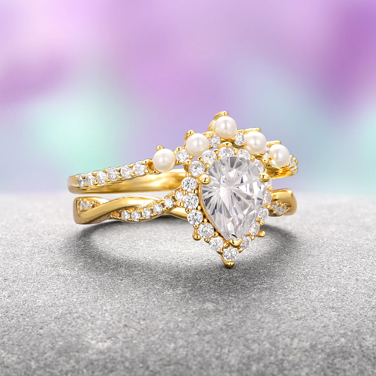 Briar Moissanite & Pearl Ring Set- 14K Solid Yellow Gold - Image 3