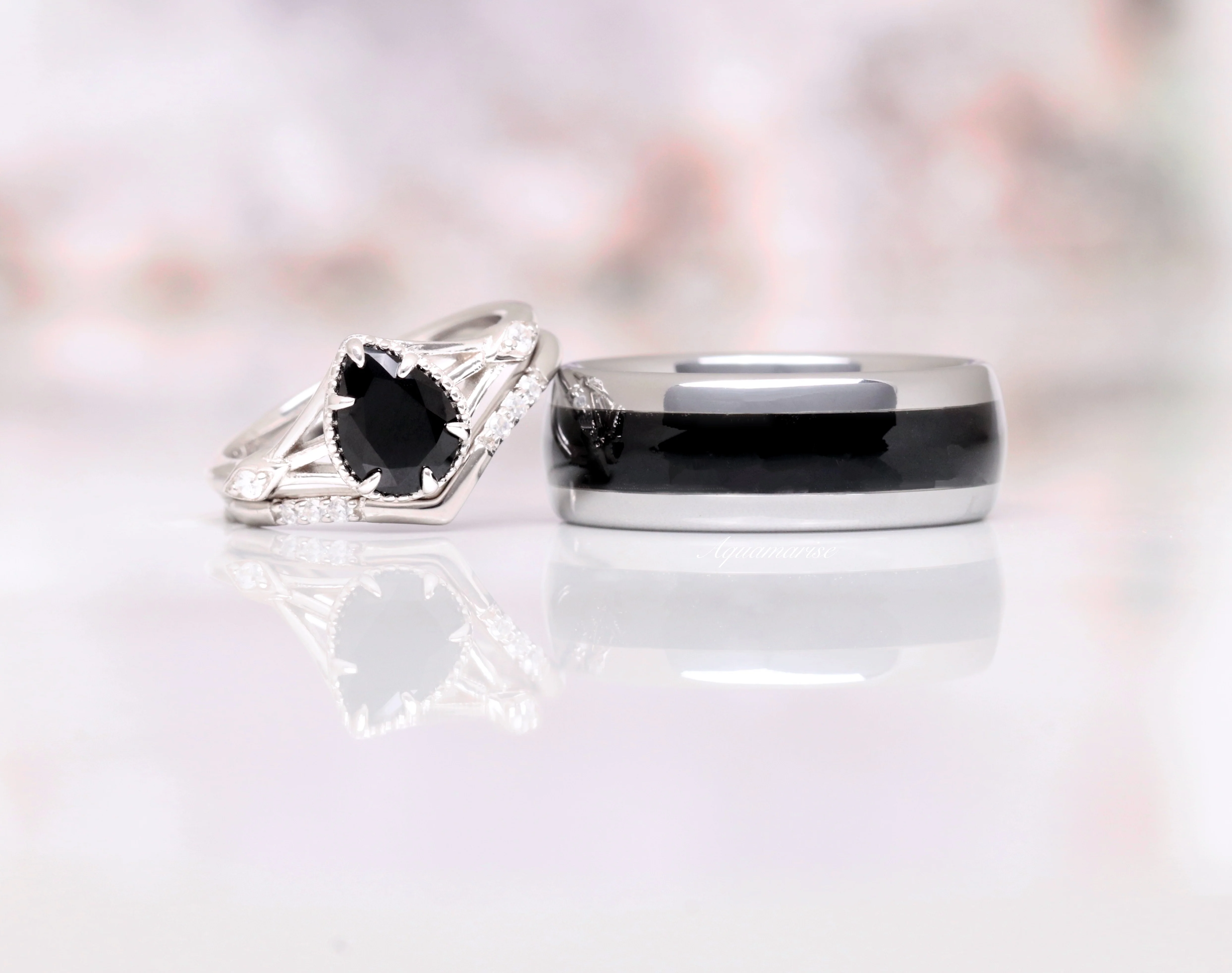 Celtic Black Onyx Engagement Ring Set in 14K White Gold - Image 5