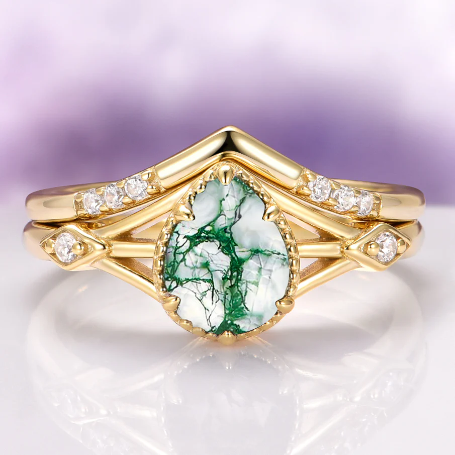 Celtic Green Moss Agate Engagement Ring Set in 14K Solid Yellow Gold