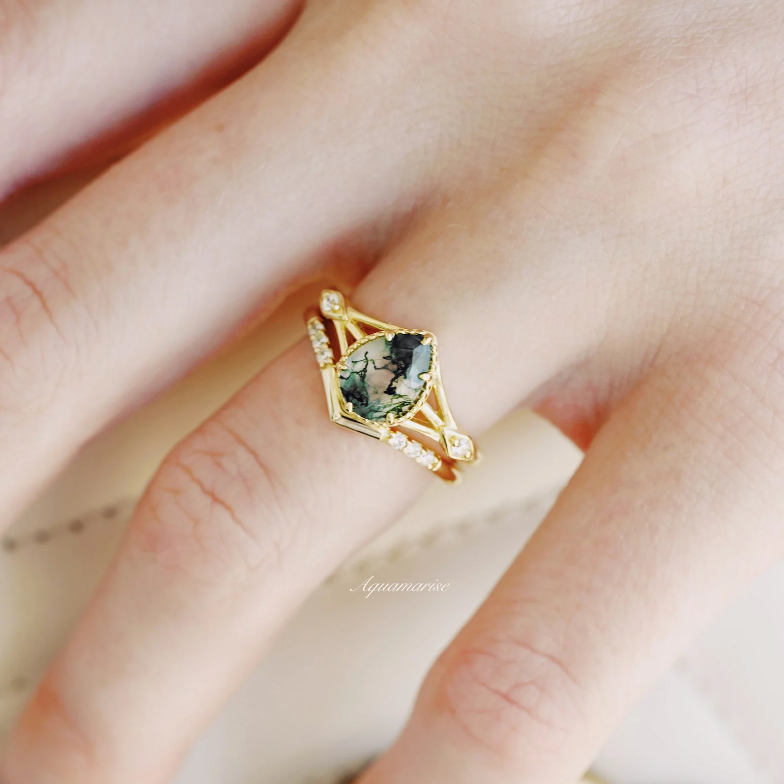 Celtic Green Moss Agate Engagement Ring Set in 14K Solid Yellow Gold - Image 2