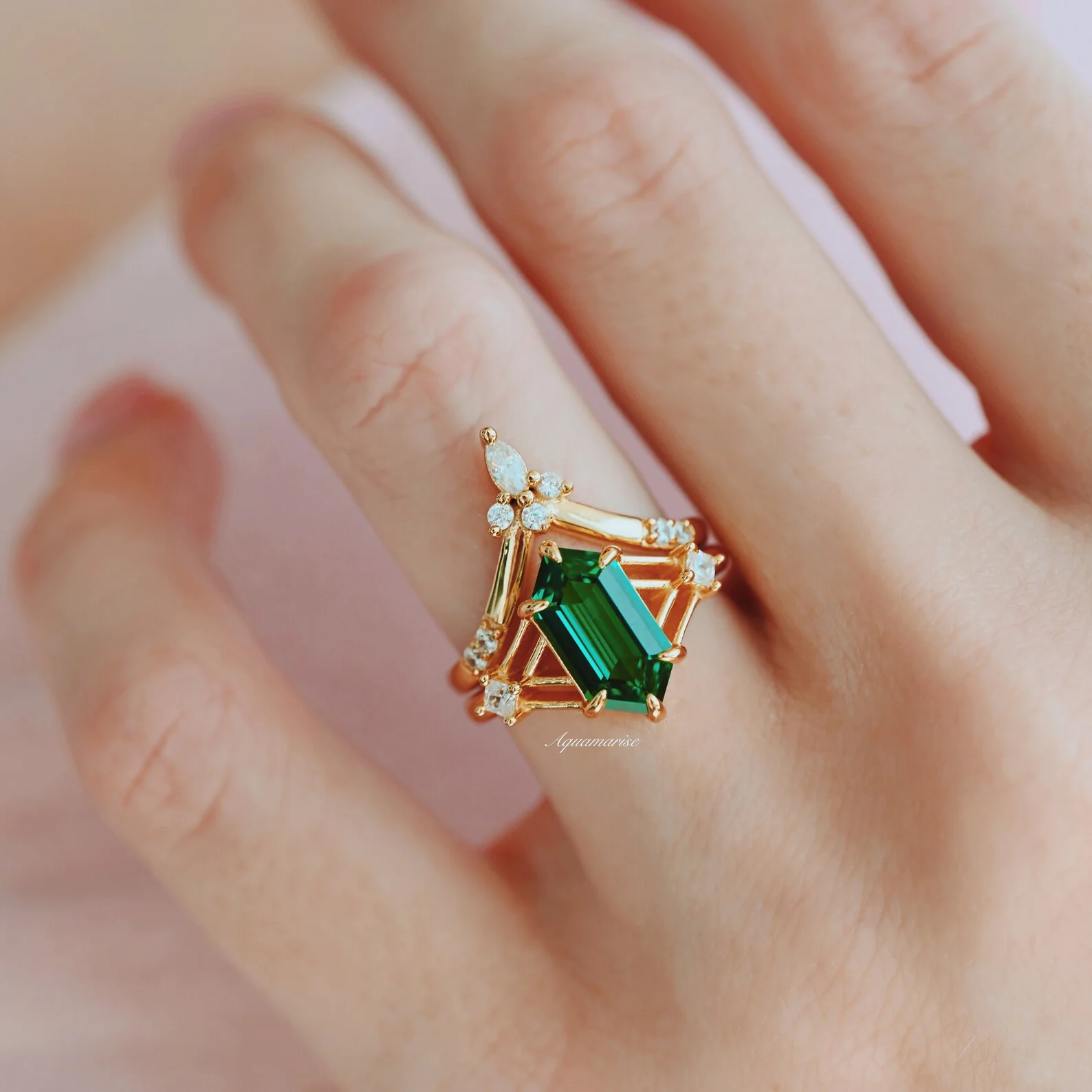Celtic Hexagon Cut Lab-Grown Emerald Engagement Ring Set in 14K Solid Yellow Gold - Image 3