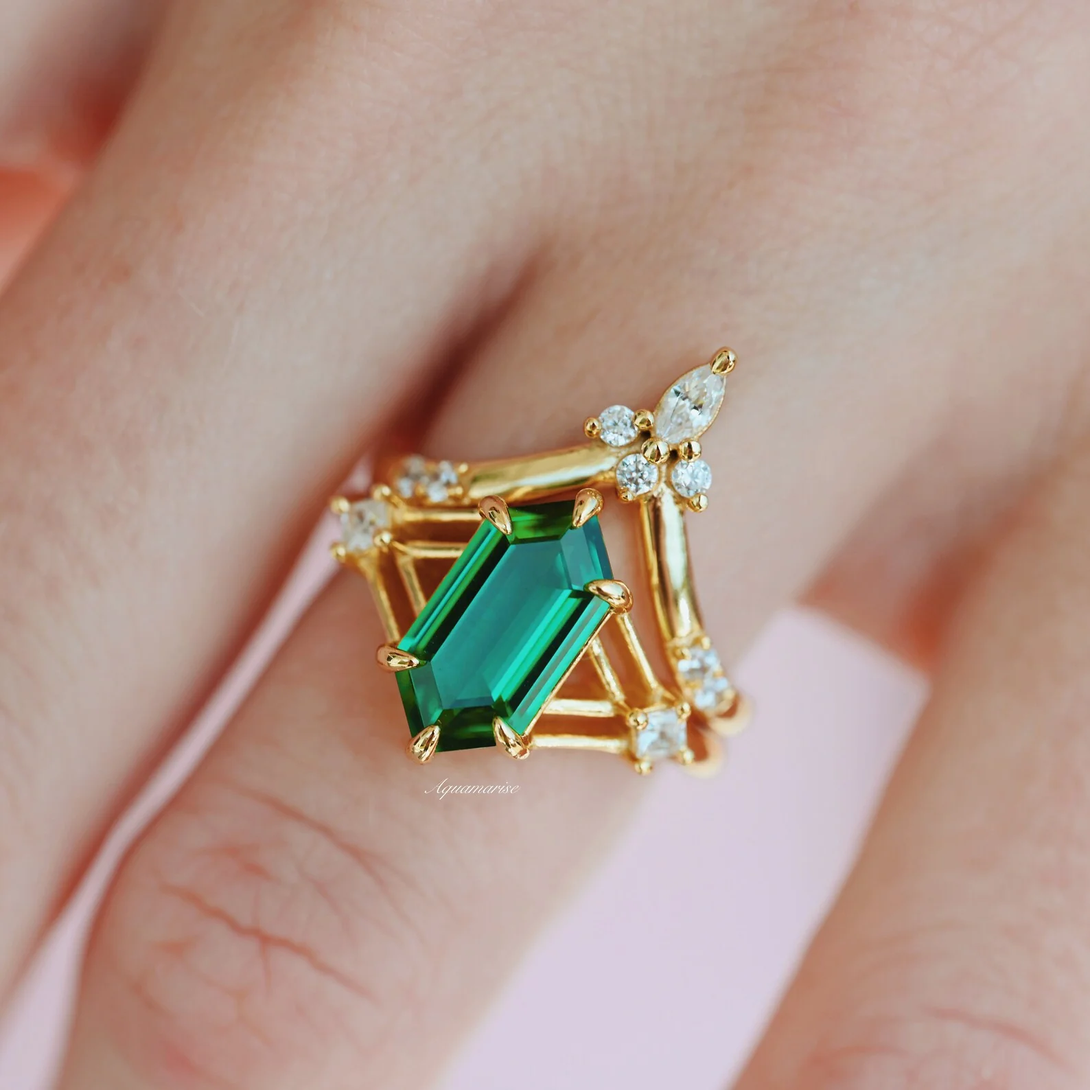 Celtic Hexagon Cut Lab-Grown Emerald Engagement Ring Set in 14K Solid Yellow Gold - Image 5