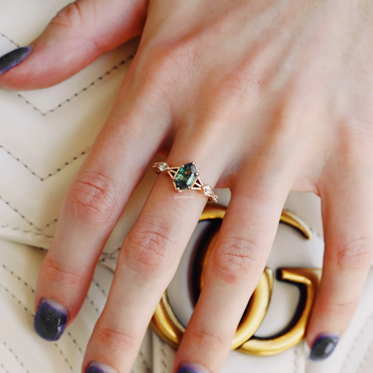 Hexagon Green Moss Agate Engagement Ring in 14K Solid Rose Gold - Image 2