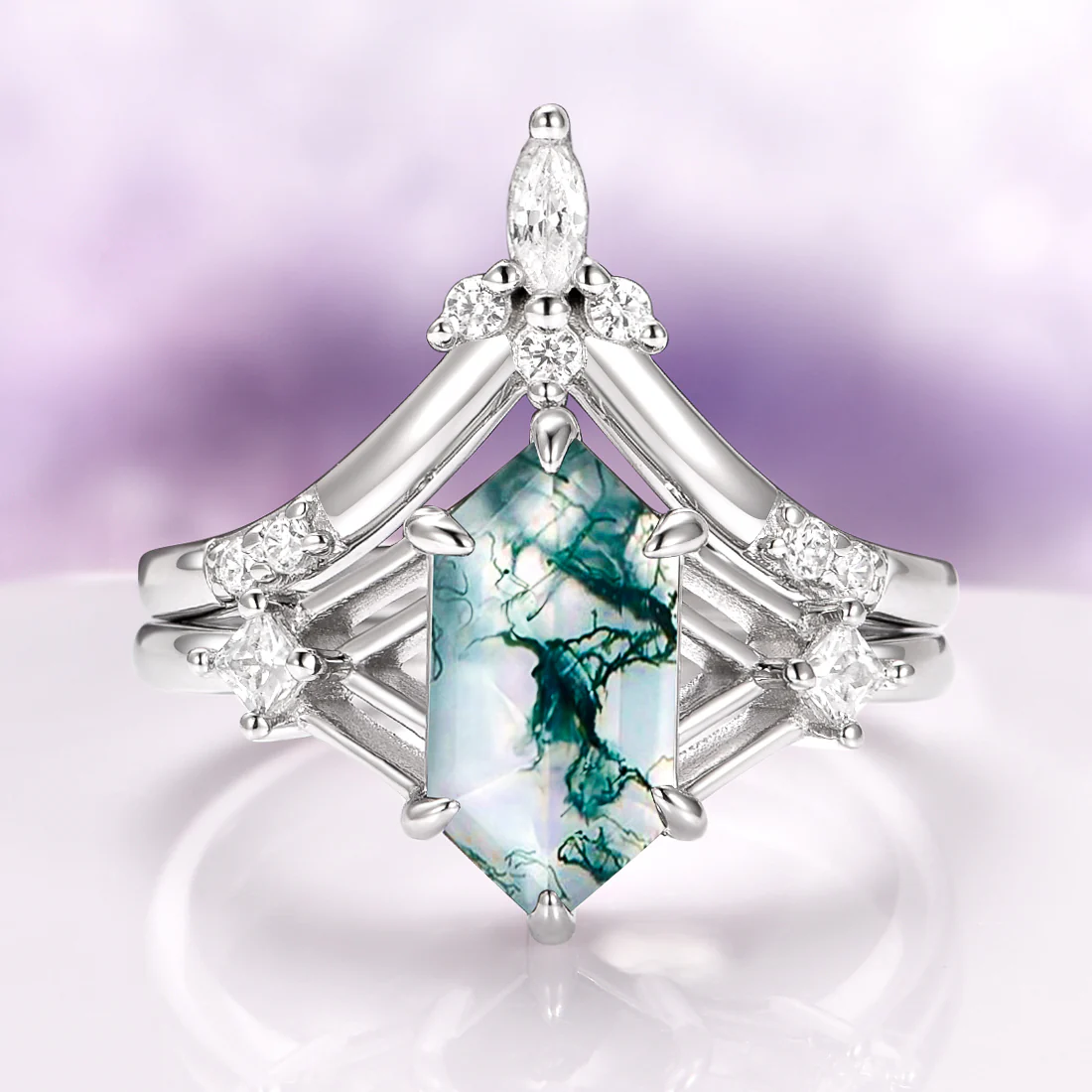 Celtic Hexagon Cut Green Moss Agate Engagement Ring Set in 14K White Gold