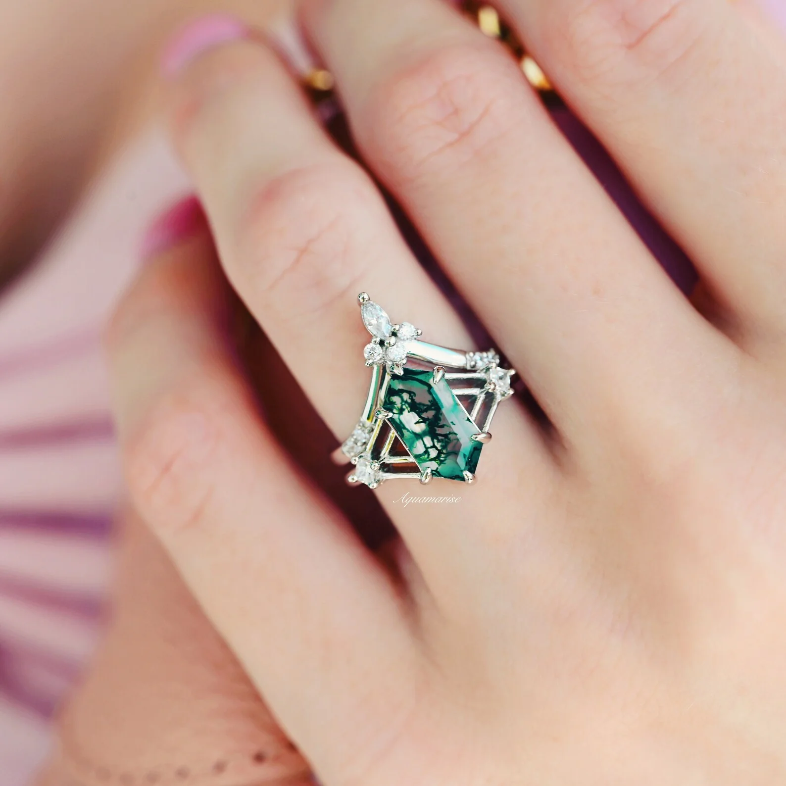 Celtic Hexagon Cut Green Moss Agate Engagement Ring Set in 14K White Gold - Image 3