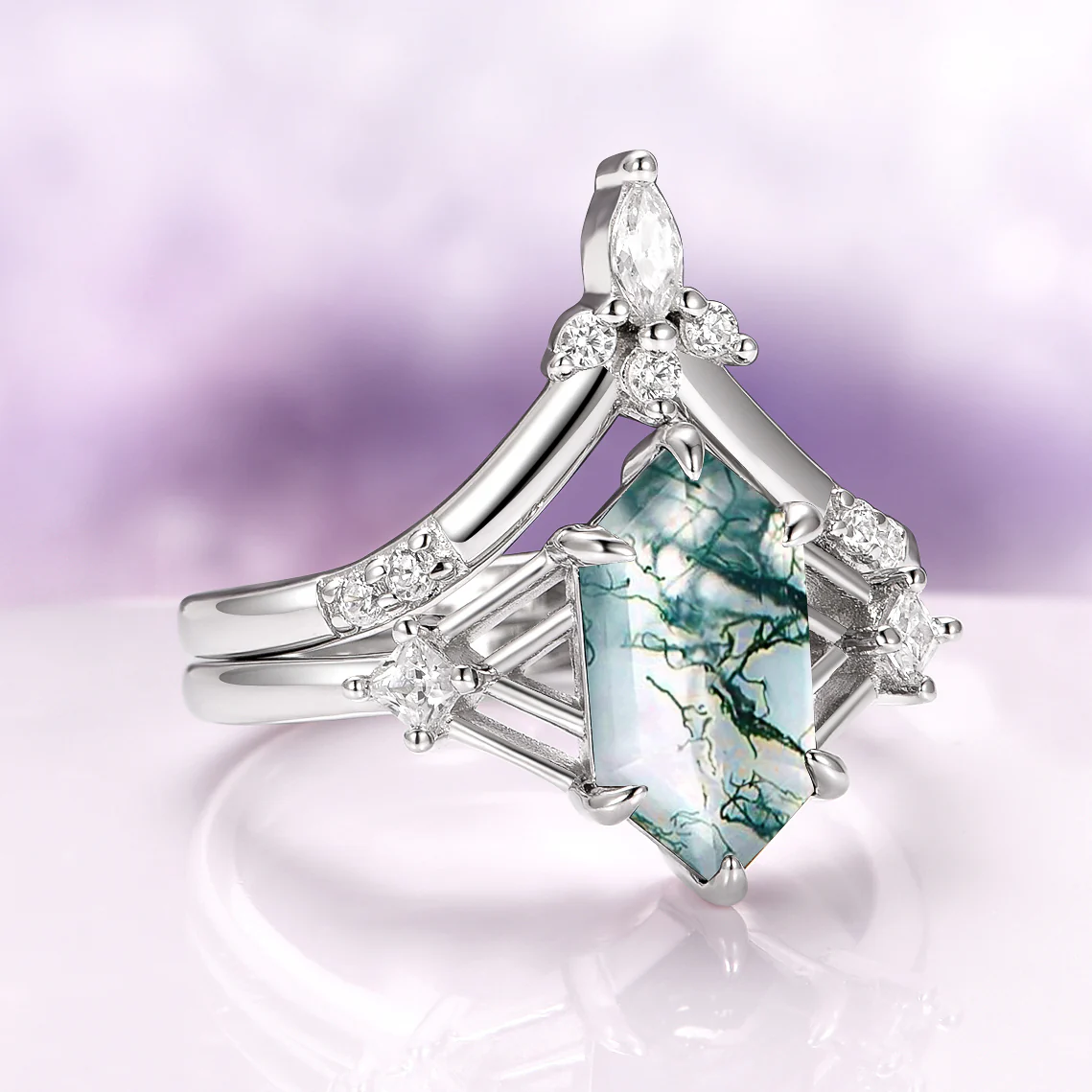 Celtic Hexagon Cut Green Moss Agate Engagement Ring Set in 14K White Gold - Image 4