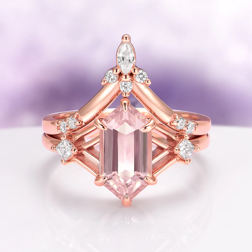 Celtic Hexagon Morganite Engagement Ring Set in 14K Solid Rose Gold