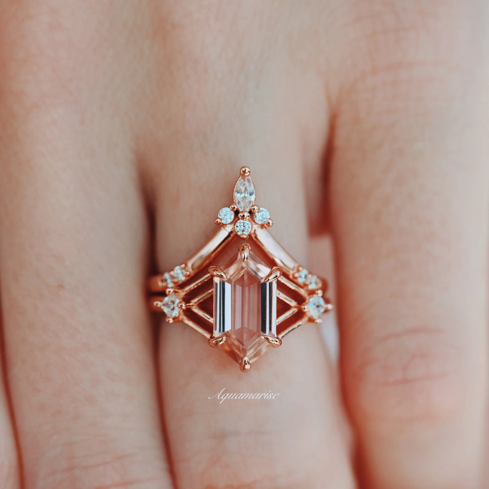 Celtic Hexagon Morganite Engagement Ring Set in 14K Solid Rose Gold - Image 3