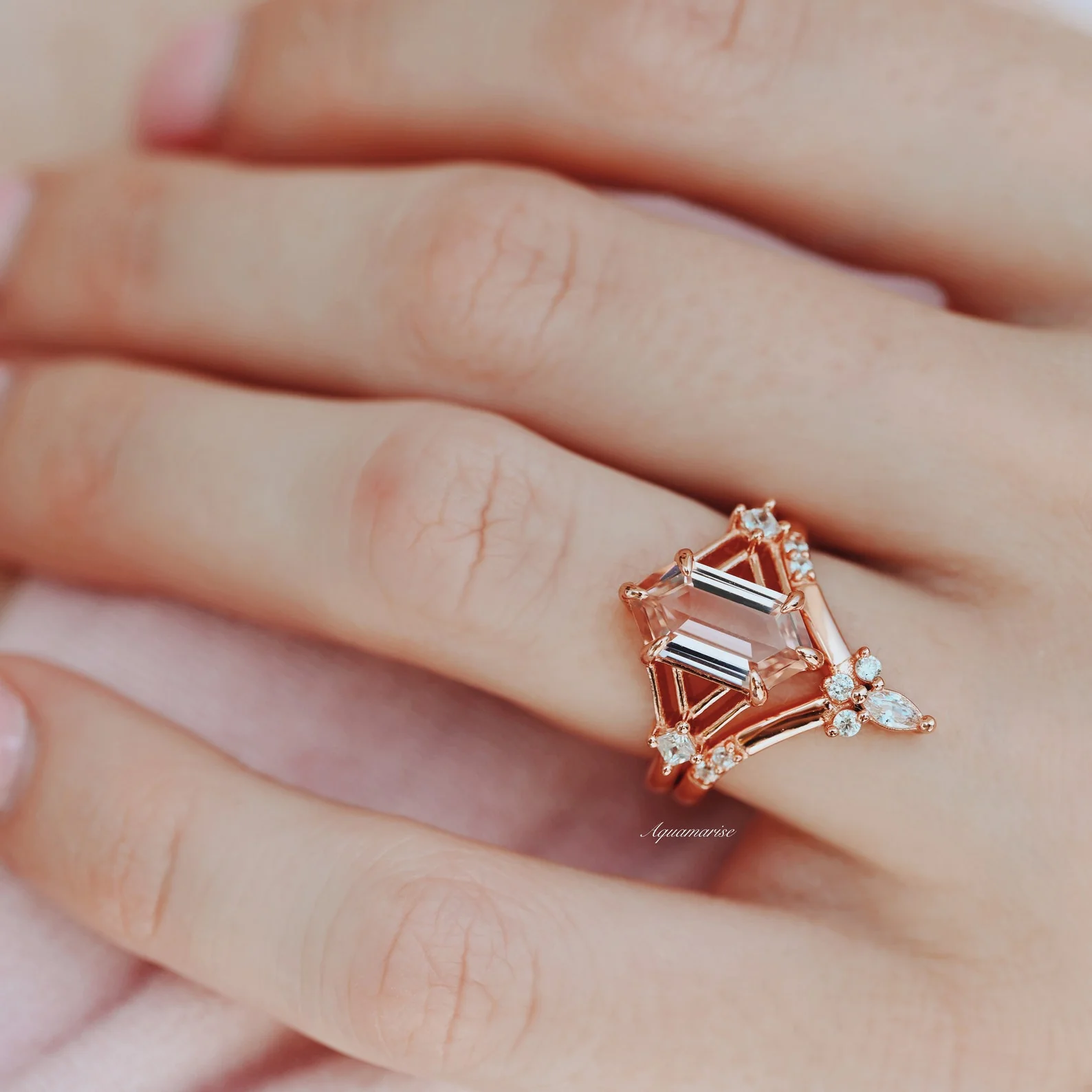 Celtic Hexagon Morganite Engagement Ring Set in 14K Solid Rose Gold - Image 4