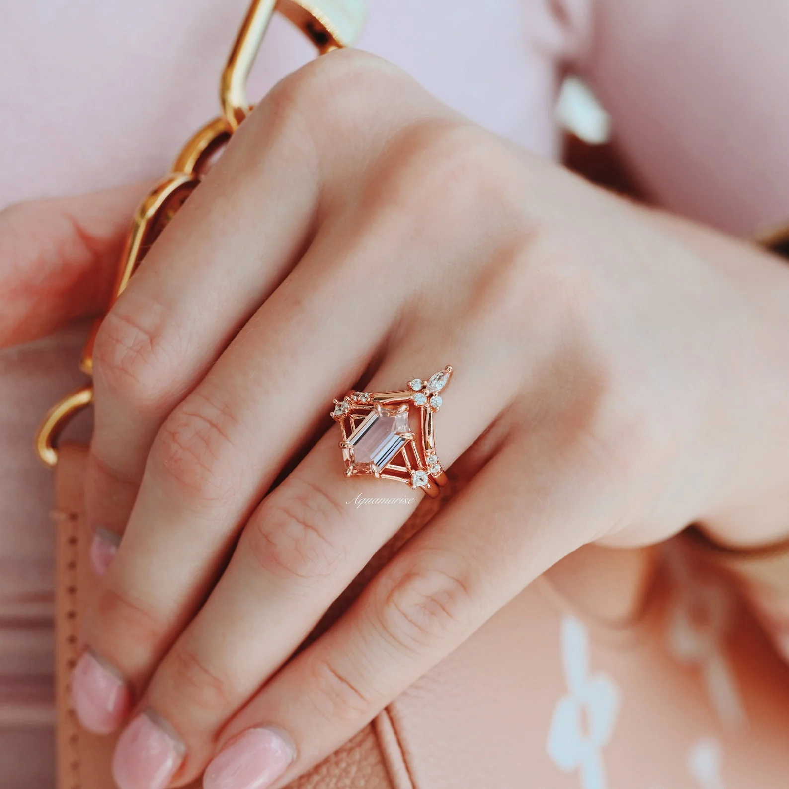 Celtic Hexagon Morganite Engagement Ring Set in 14K Solid Rose Gold - Image 5