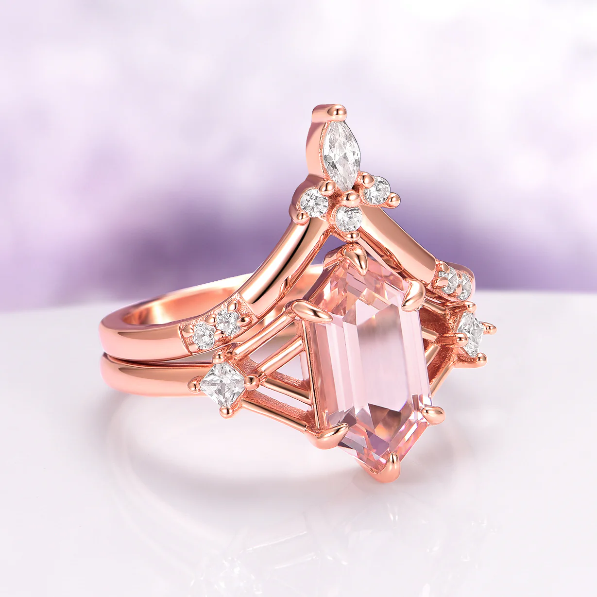 Celtic Hexagon Morganite Engagement Ring Set in 14K Solid Rose Gold - Image 7