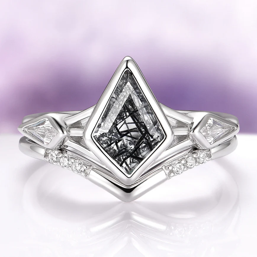 Kite Cut Black Rutilated Quartz Engagement Ring Set in 14K White Gold