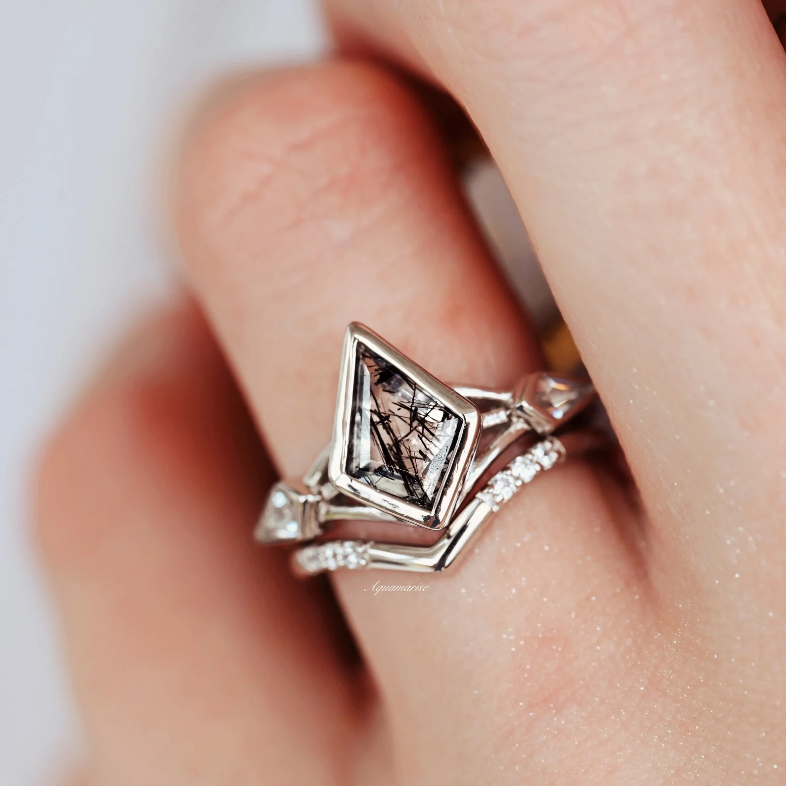 Kite Cut Black Rutilated Quartz Engagement Ring Set in 14K White Gold - Image 5