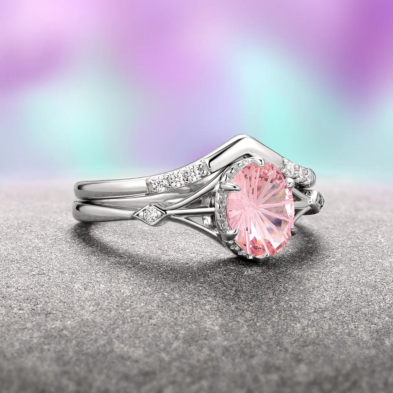 Celtic Morganite Ring Set- Sterling Silver (Fantasy Cut) - Image 3