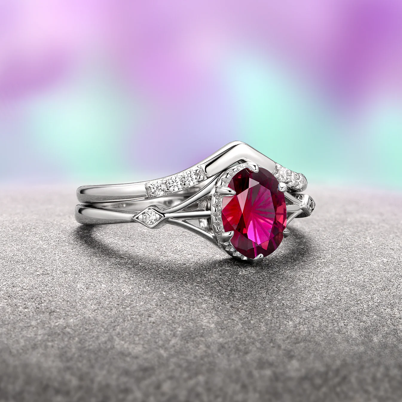 Celtic Fireworks Cut Ruby Ring Set in Sterling Silver - Image 3