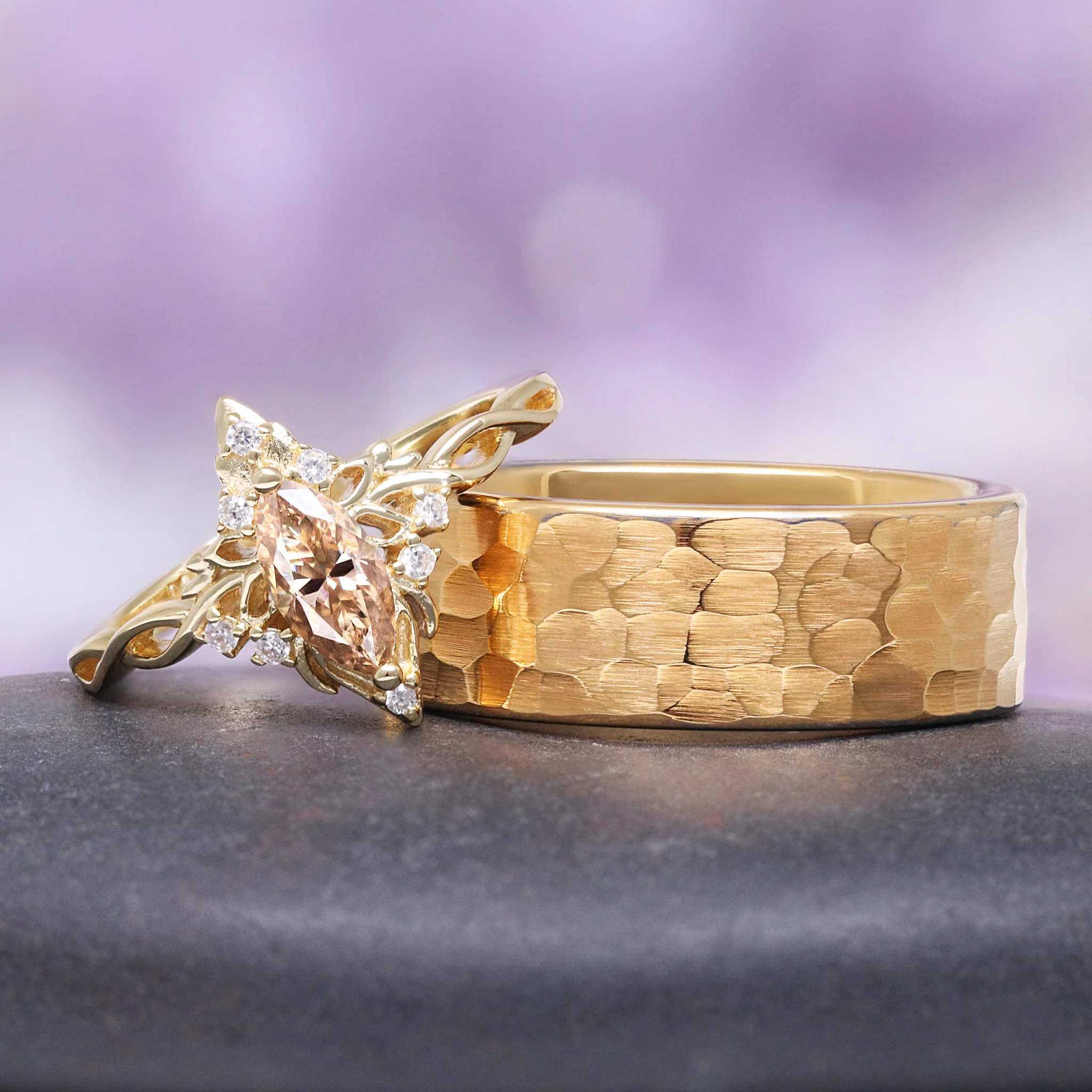Hammered Wedding Band in Yellow Gold Tungsten Carbide (8mm) - Image 2