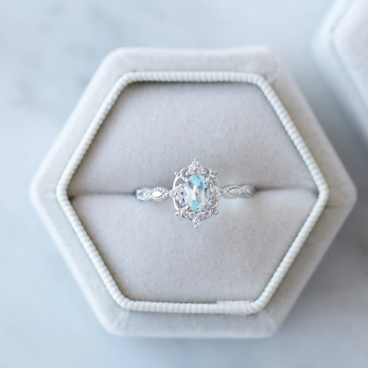 Vintage Aquamarine Engagement Ring in 14K White Gold - Image 2