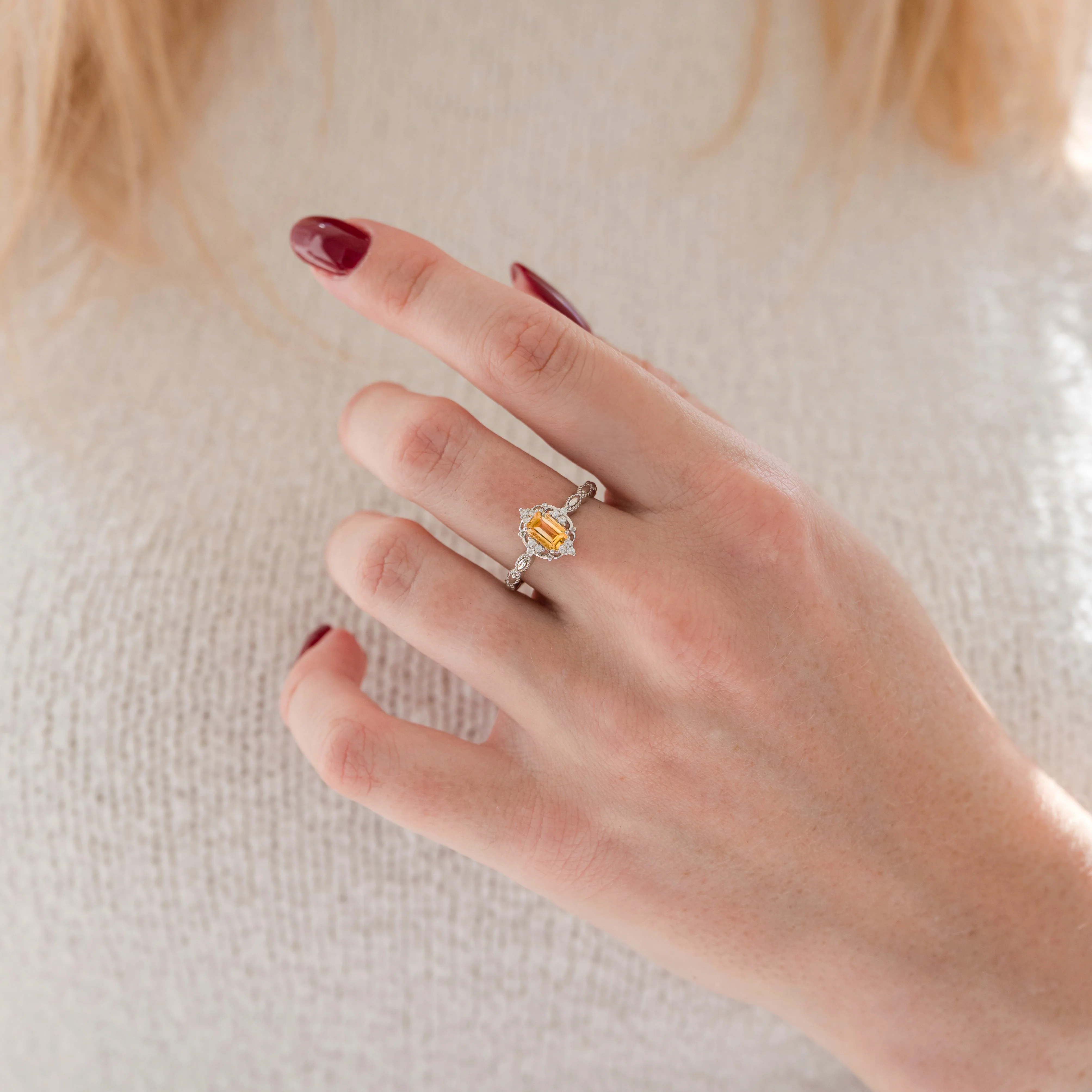 Natural Citrine Engagement Ring in 14K White Gold - Image 3