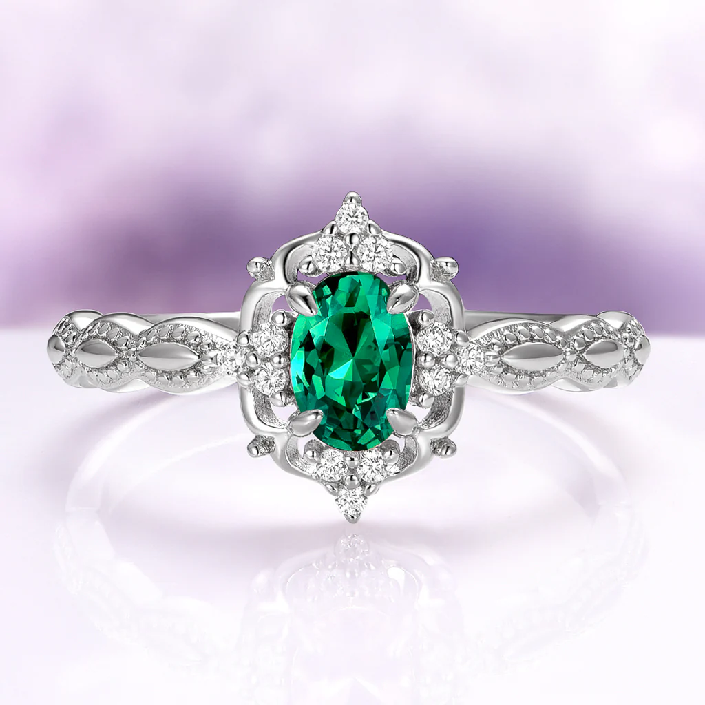 Vintage Emerald Engagement Ring in 14K White Gold