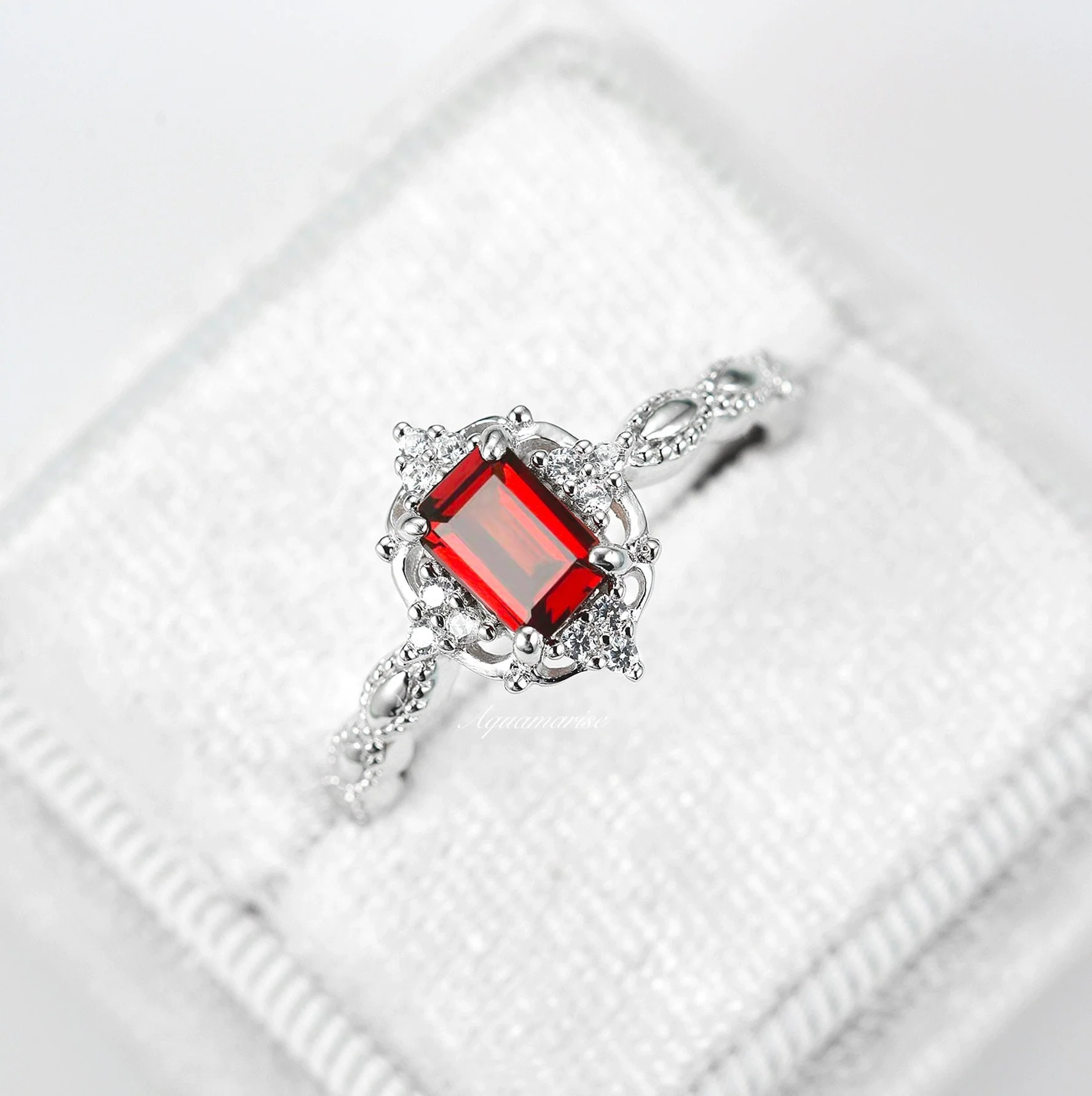 Vintage Garnet Engagement Ring in 14K White Gold - Image 2