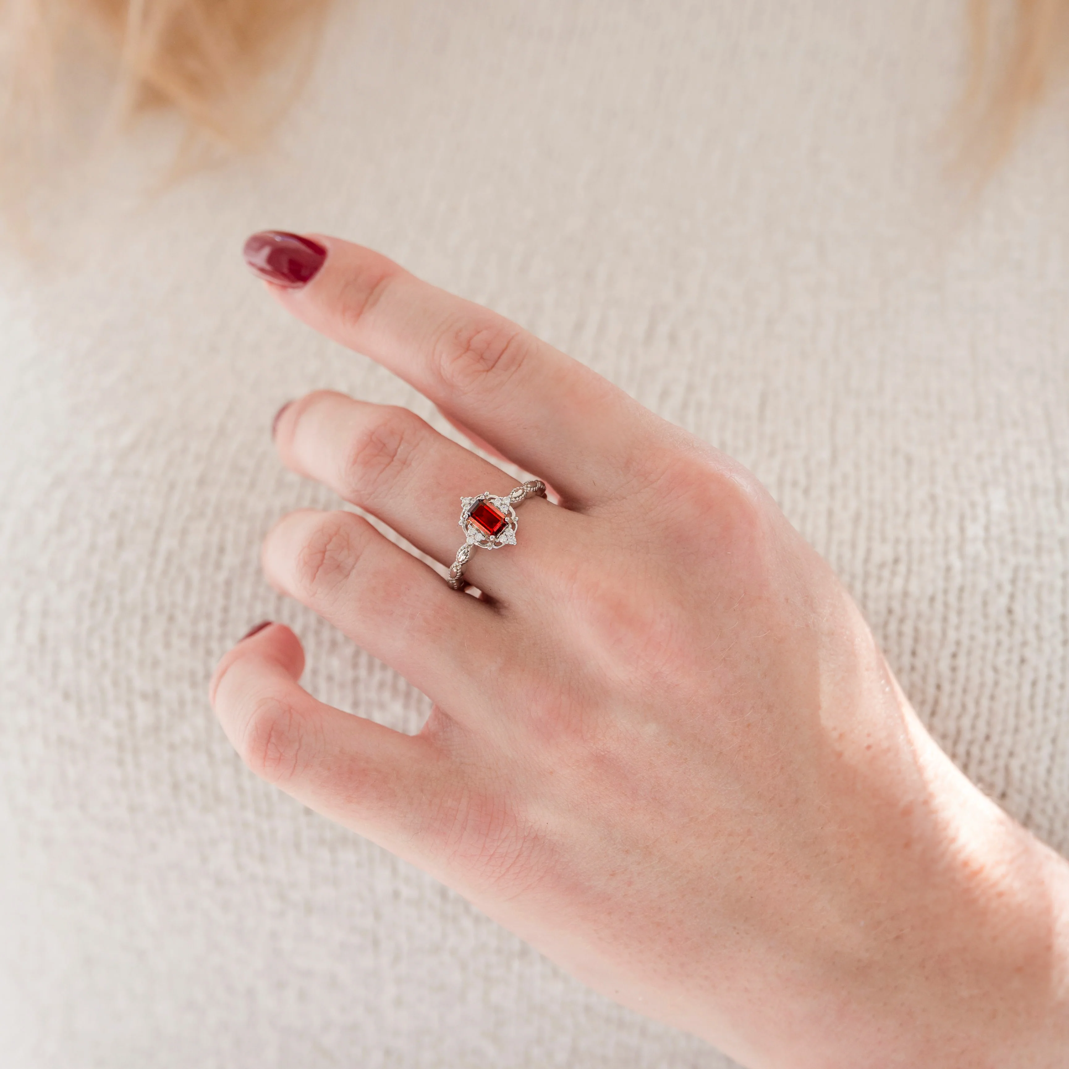 Vintage Garnet Engagement Ring in 14K White Gold - Image 3