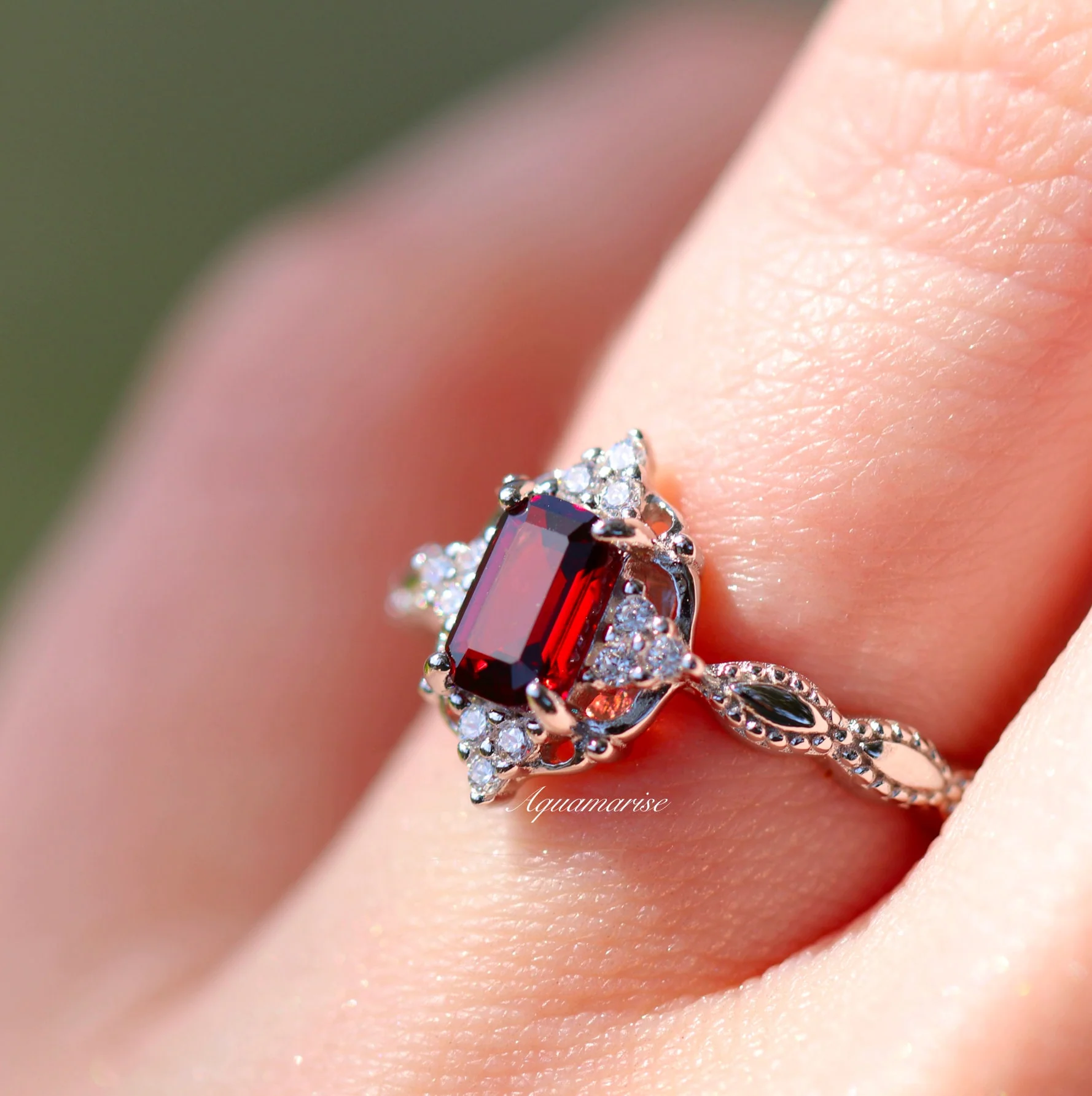 Vintage Garnet Engagement Ring in 14K White Gold - Image 4