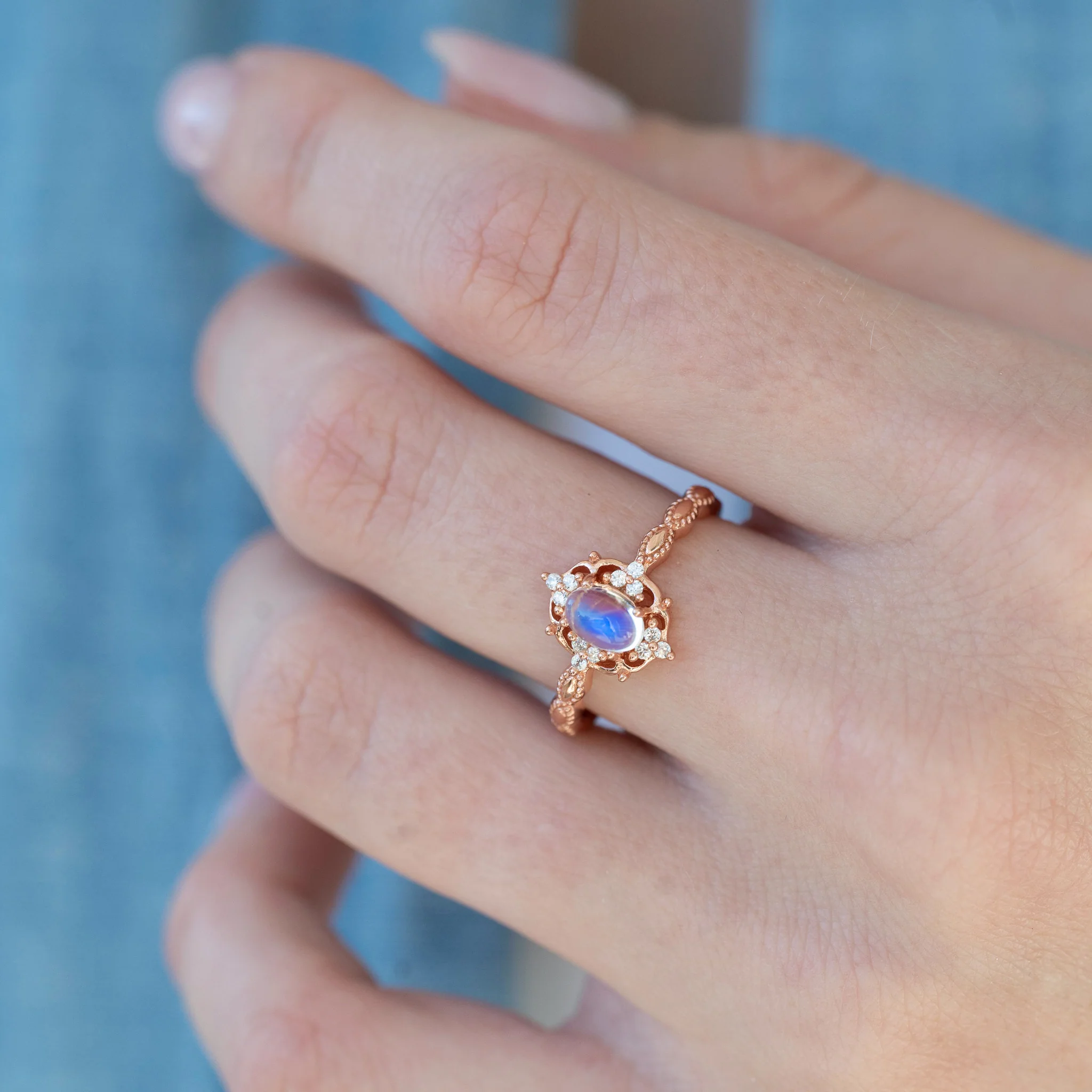 Vintage Natural Moonstone Engagement Ring in 14K Solid Rose Gold - Image 2